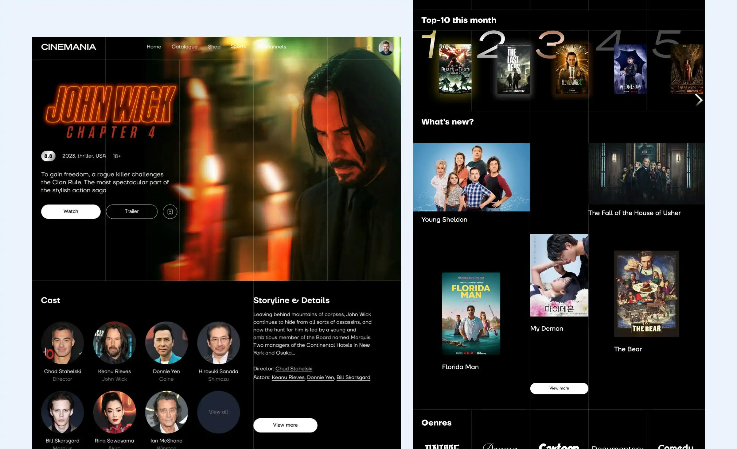 In the image, we see two interfaces of the streaming service design concept created by the Ronas IT team to showcase their capabilities for entertainment software design. The first interface displays a user recommendation feed with categories like "Top 10 This Month" and "What's New." The second interface presents a movie profile (in this case, it's for John Wick Chapter 4) that provides a brief description of the film, "Watch" and "Trailer" buttons, details about the storyline, cast, as well as sequels and prequels.