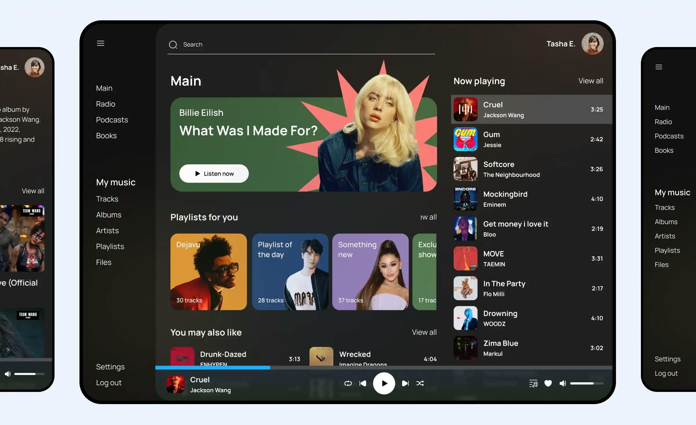 The image illustrates a design concept of a music streaming app showcasing a web interface. On the left side of the interface, there's a menu. The section in the middle features the top song currently trending along with recommended playlists. On the right, it shows the user's playlist that is currently playing. Above the interface, the Manrope font and the green, black, and blue color palette used in the interface design are indicated.