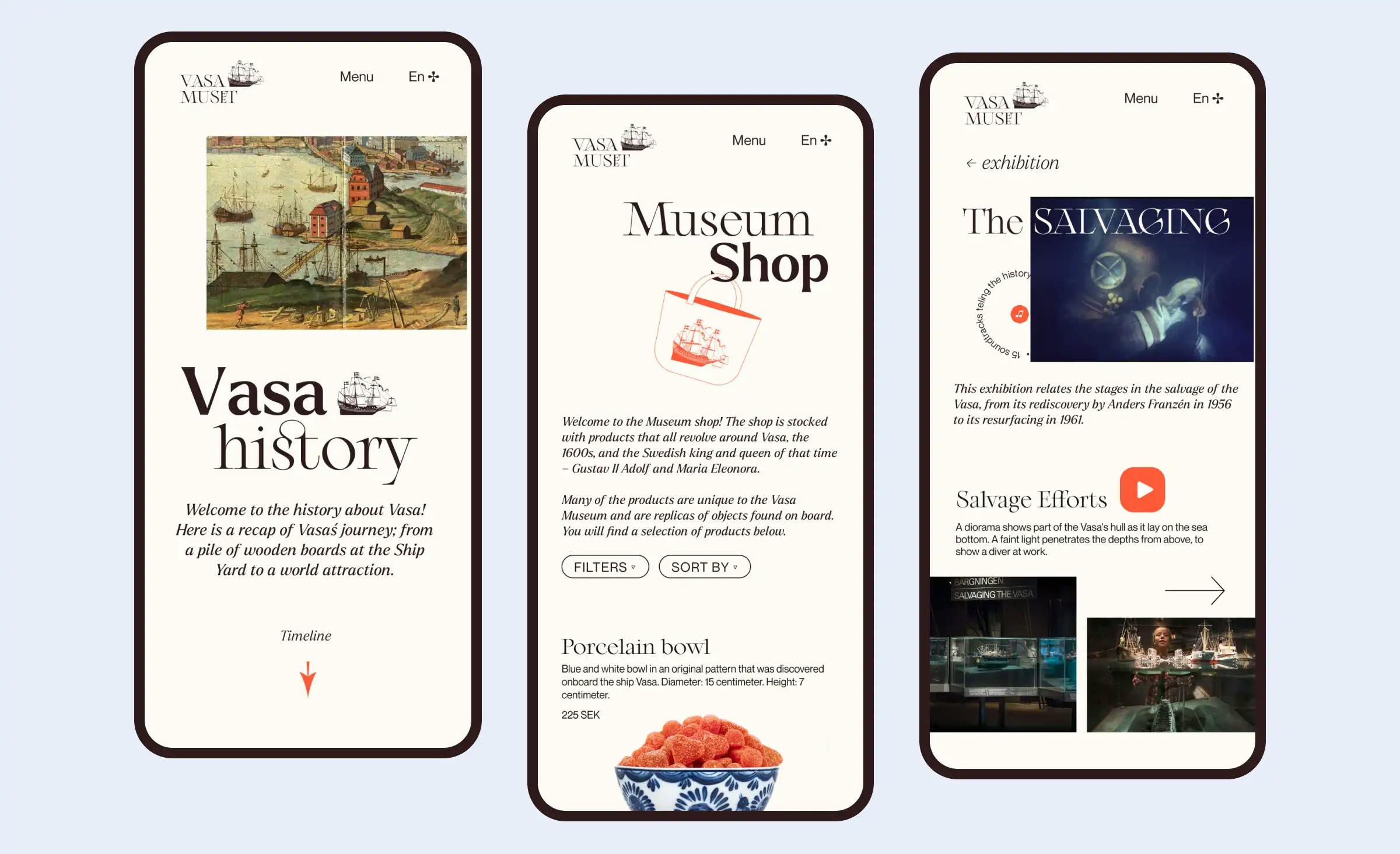 The image presents a mobile version of a web app design concept for the Vasa Museum, showcasing what entertainment software design can look like. The image features three interfaces: the first one introduces the history of the Vasa Museum, the second one represents the Museum Shop, and the third one provides details of the current exhibition.