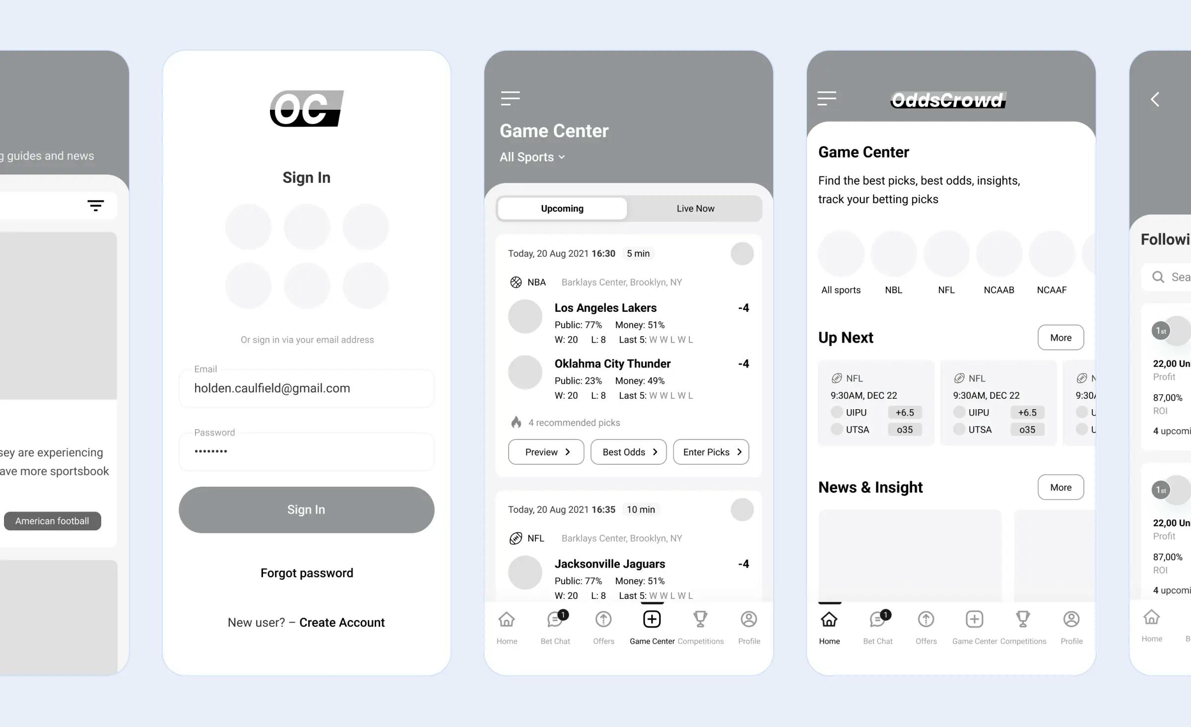 The image depicts the wireframes of the OddsCrowd entertainment software, created during the process of UI/UX design for the interfaces. Visible are the wireframes for the sign-in page, the game center, and the main page.