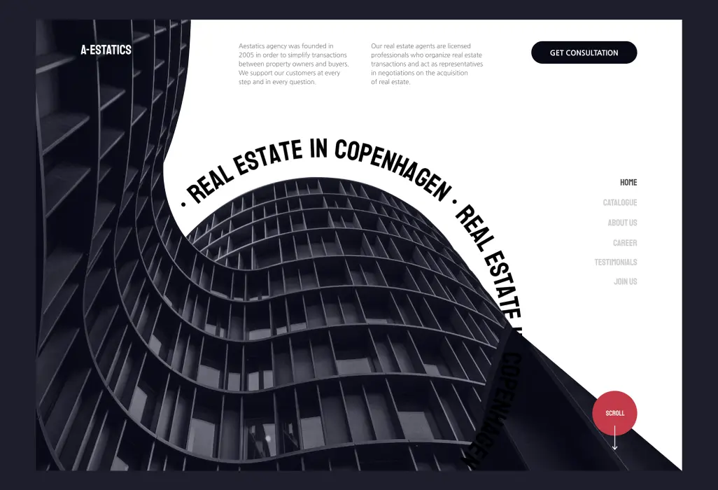 Main page of a real estate agency website UI/UX design. There is a large picture of a building with circular text that says 'Real Estate in Copenhagen,' framing the shape of the building in the image. a side menu allows the user to switch to the catalog.