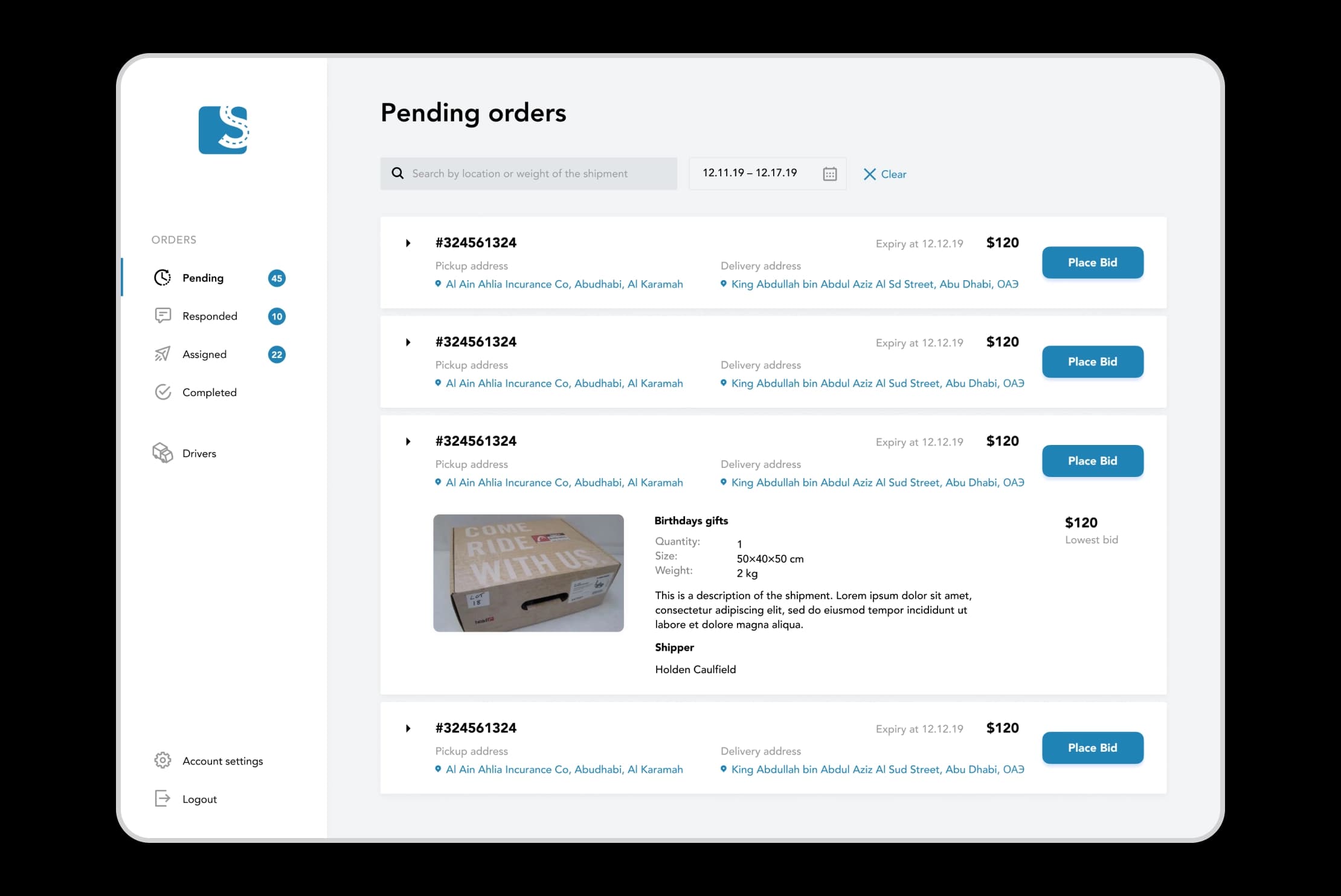 A screen displaying pending orders. On the left side, there's a menu with the following options: "Pending", "Responded", "Assigned", "Completed", "Drivers", "Account Settings", and "Logout". The screen shows orders, each with their inventory numbers, bids, and a "Place Bid" button.