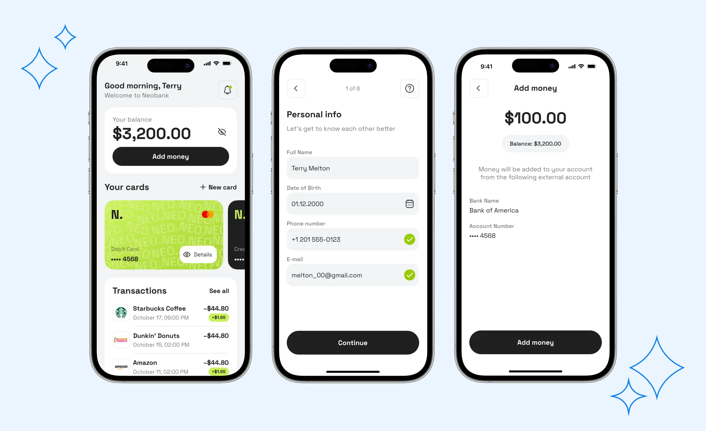 Screens of a neobank app that our team has developed