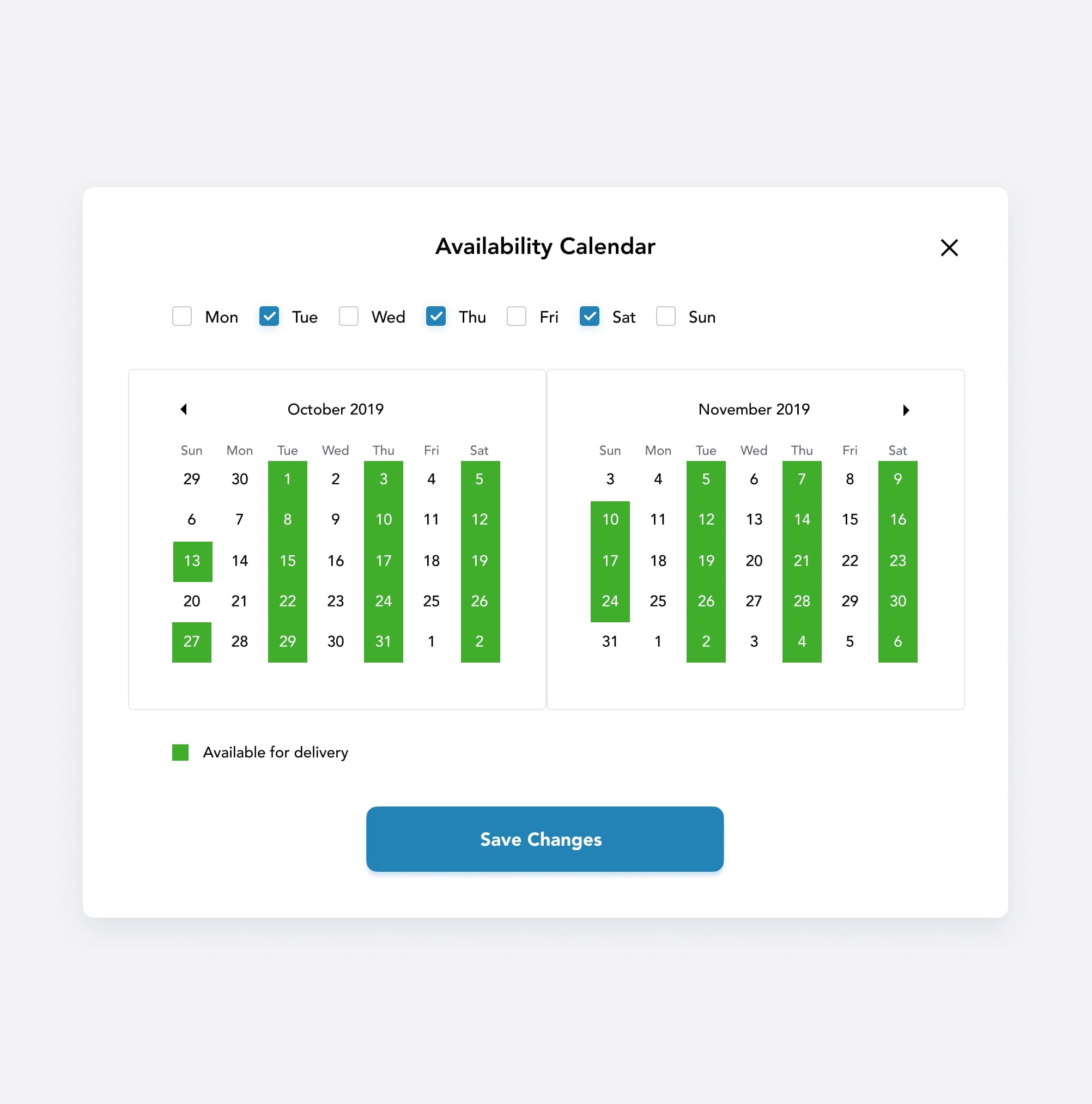 A driver's availability calendar with selected days. Days when the driver is available for delivery are marked green. There is a "Save Changes" button.