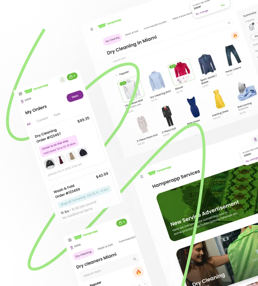 Custom enterprise software development services for Hamperapp laundry service included a complex delivery system. Here we see two screens from the mobile and web applications. The first screen displays the 'My Orders' page, and the second screen shows available dry cleaning options in Miami and the list of Hamperapp services.