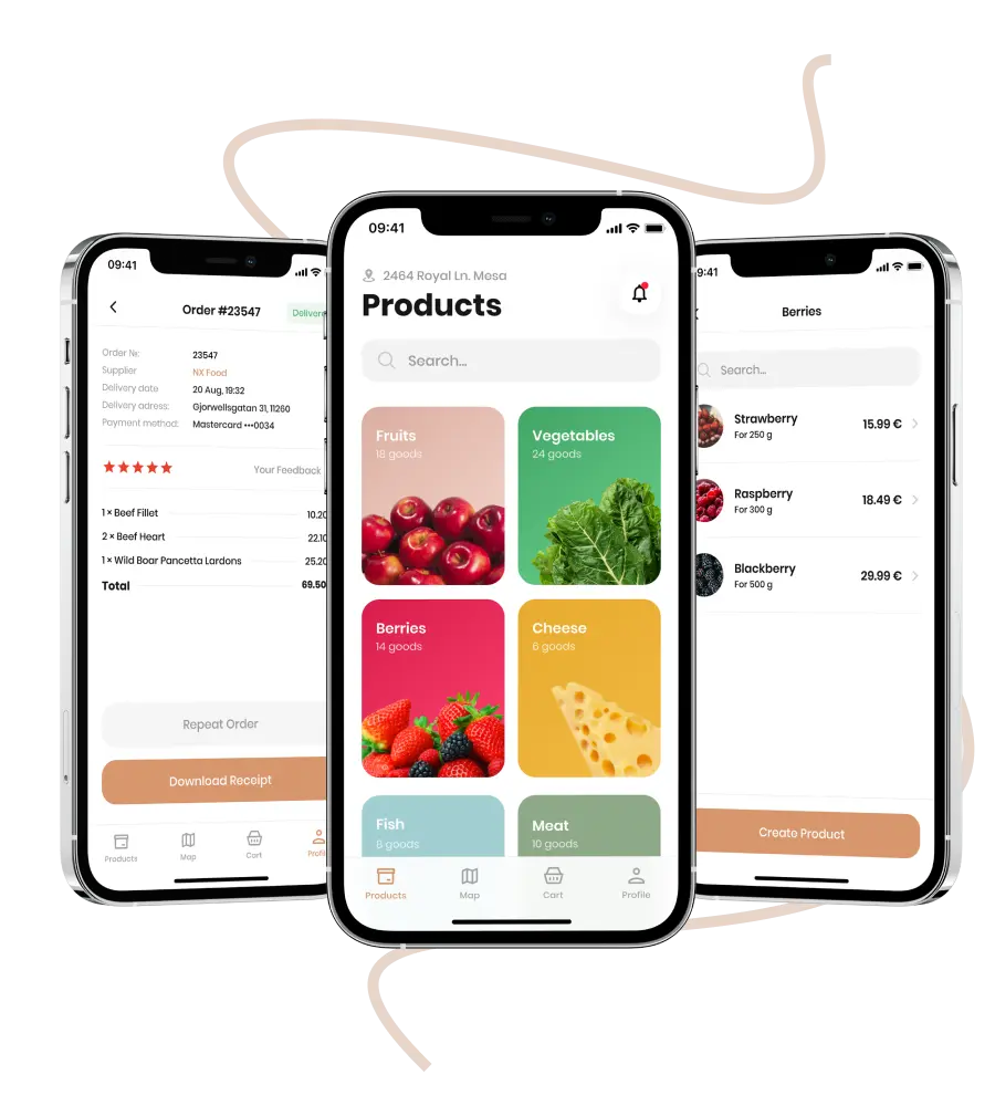 Custom software development services for the Noah application included creating an innovative marketplace connecting farmers and customers. Here we see order details, a product catalog, and a berries section with various berries available for purchase.