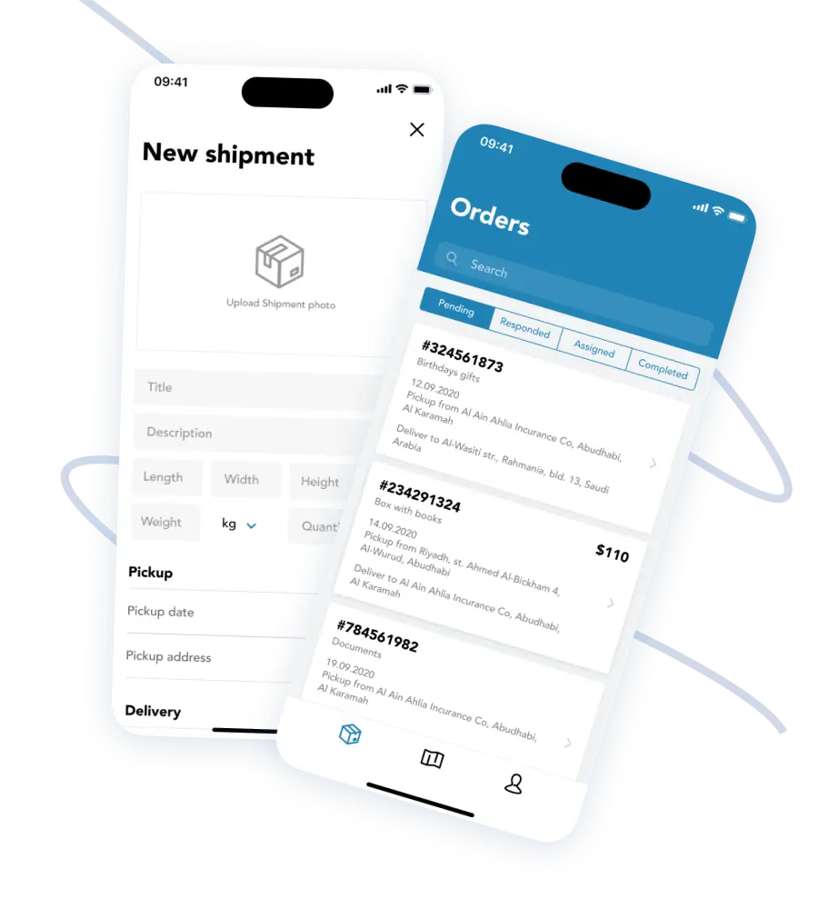 Custom enterprise software development services for ShipMe included a vast bidding and parcel delivery system. The first screen shows a new shipment, and the second screen shows the list of orders.