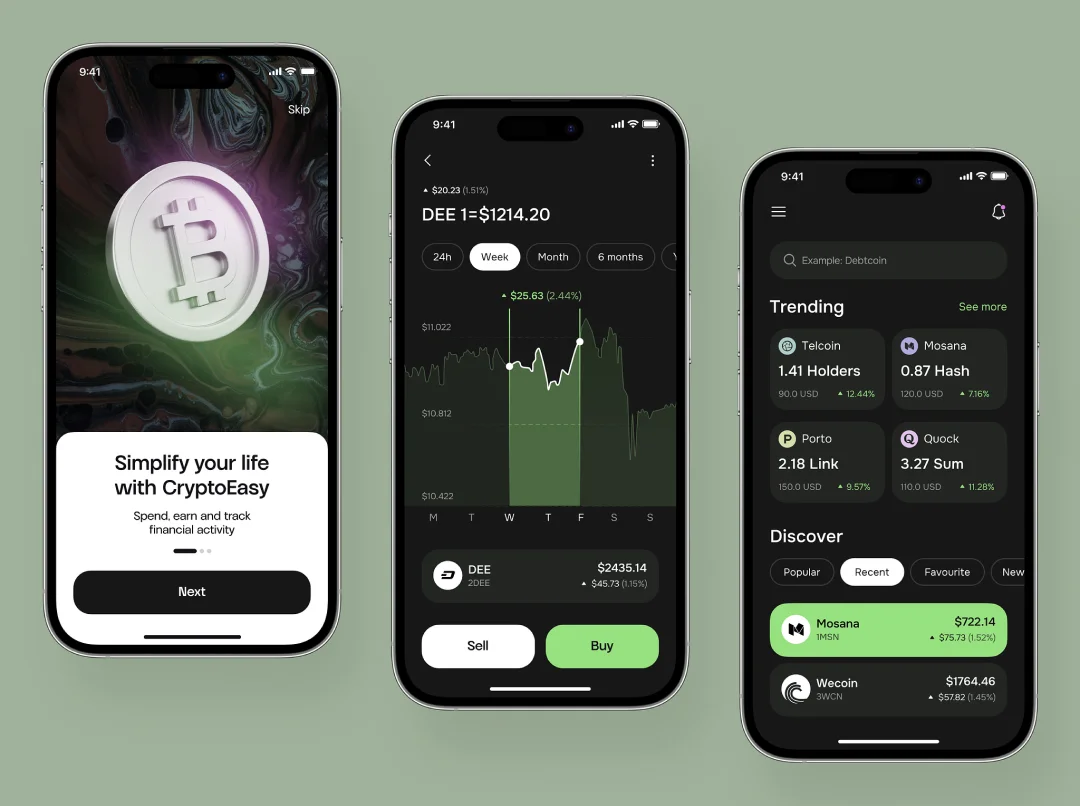 Three screens of a cryptocurrency wallet mobile application in dark mode with white and green accents are shown. They depict a splash screen, a cryptocurrency operations screen, and an informational screen displaying trending currencies.