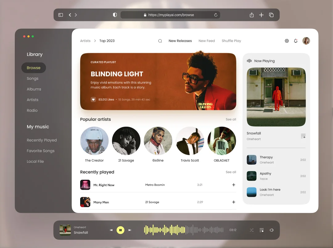 A UI/UX design of a music web application on a browser page. There is a side menu to search for songs, albums, artists, or radio, or to switch to your music. The main screen features popular artists, recently played tracks, and a currently playing playlist. On the top of the screen there is a banner promoting The Weekend’s album.