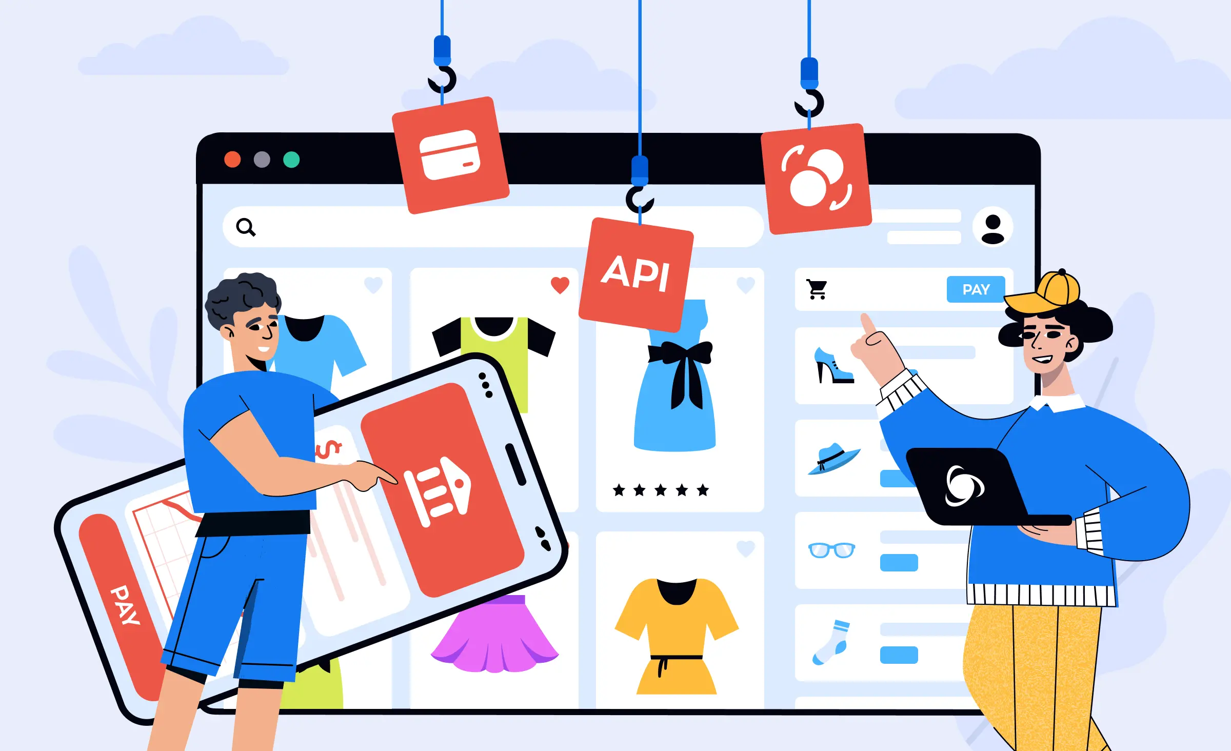 Illustration of API integration and payment solutions for an e-commerce platform, representing Embedded Finance in the USA
