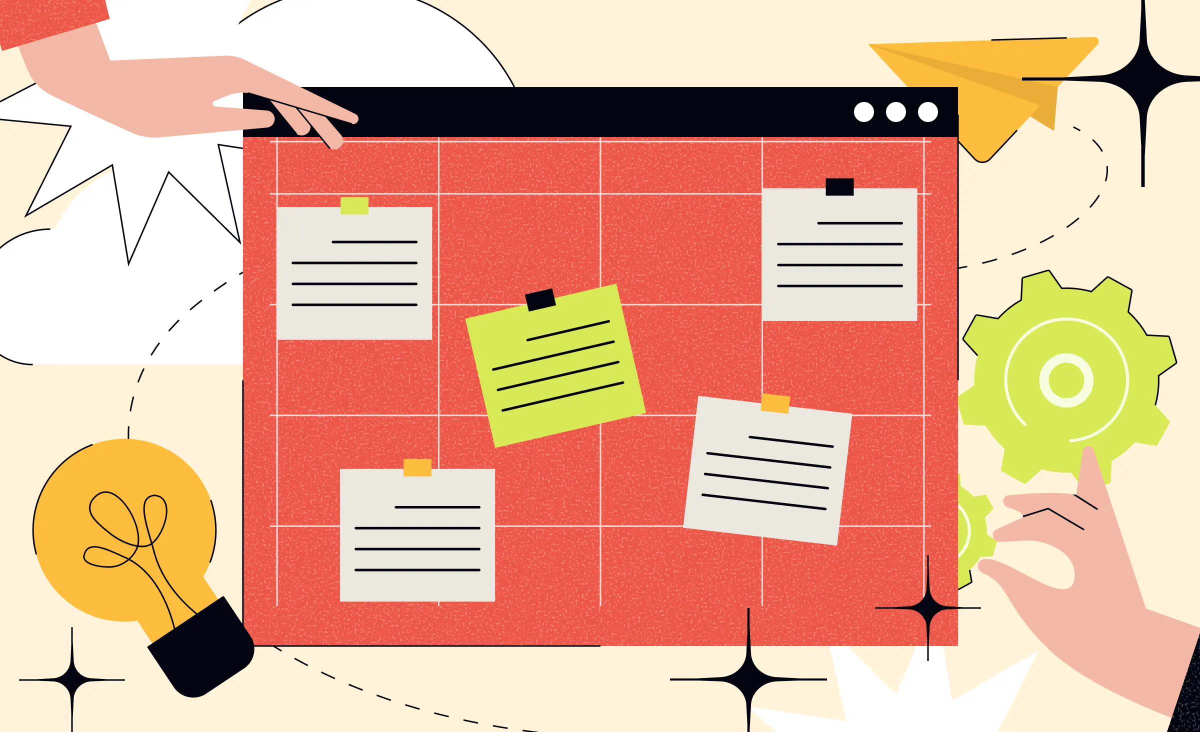 Illustration of a project planning board filled with sticky notes, surrounded by a lightbulb, gear, and paper plane, symbolizing brainstorming and technical roadblocks in software development.