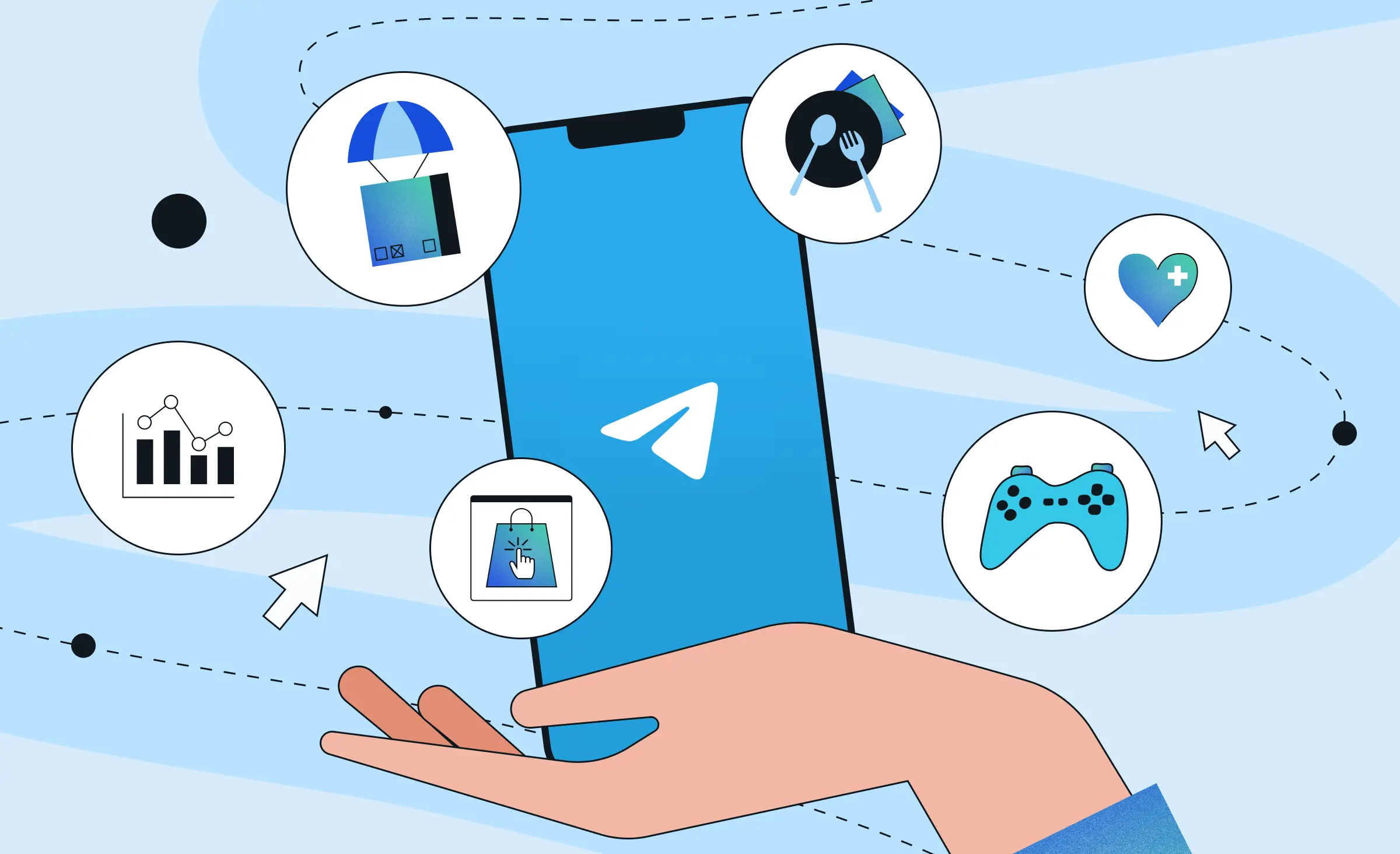 The article is dedicated to examples of Telegram mini apps across various industries. Therefore, the cover shows a hand holding a smartphone with the Telegram logo on it. All around the illustration are icons that symbolize industries: e-commerce, gaming, healthcare, restaurant, delivery, and management.