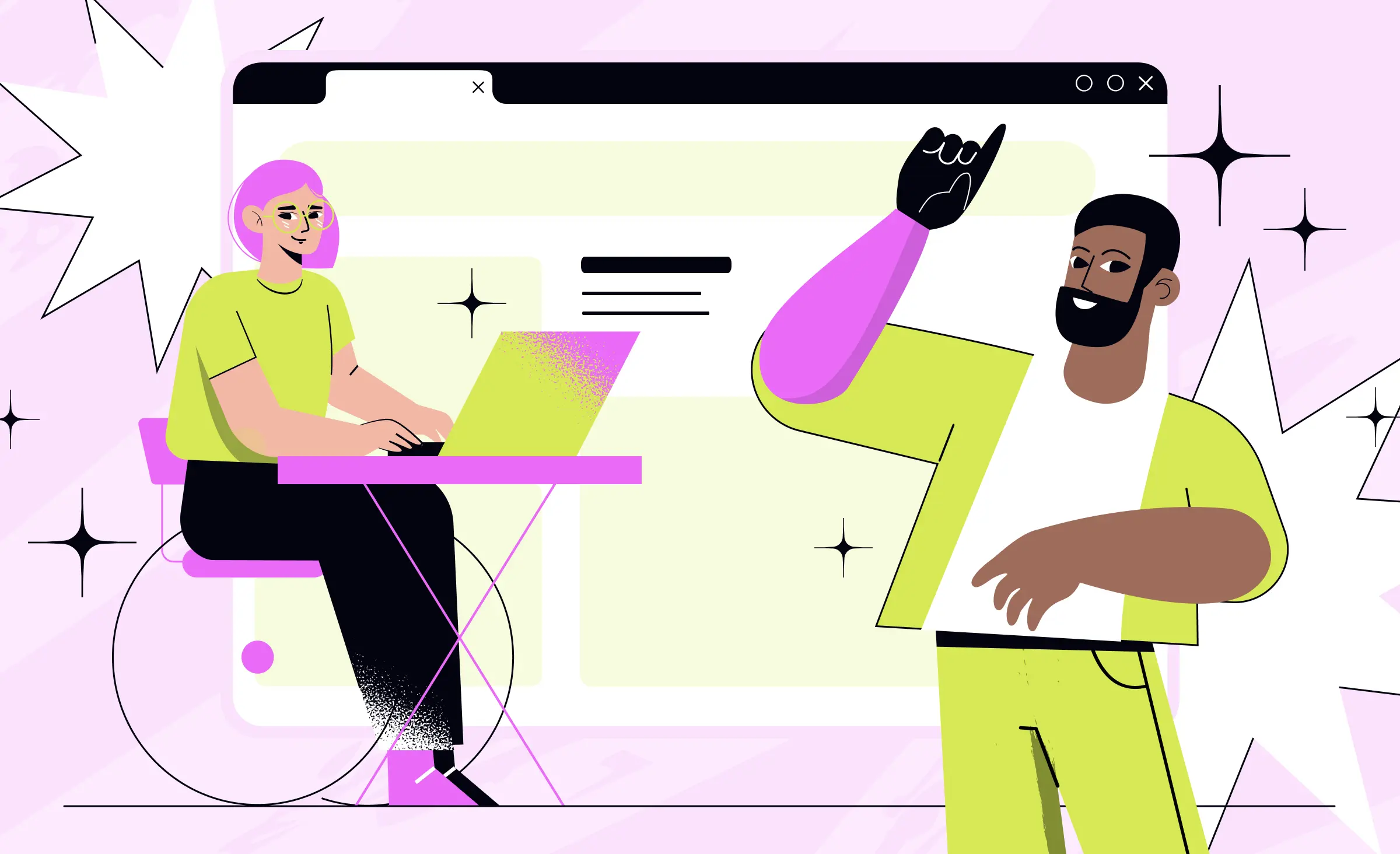Illustration of a person in a wheelchair working on a laptop and another person with a prosthetic arm, representing accessibility digital product design and inclusive user experiences.