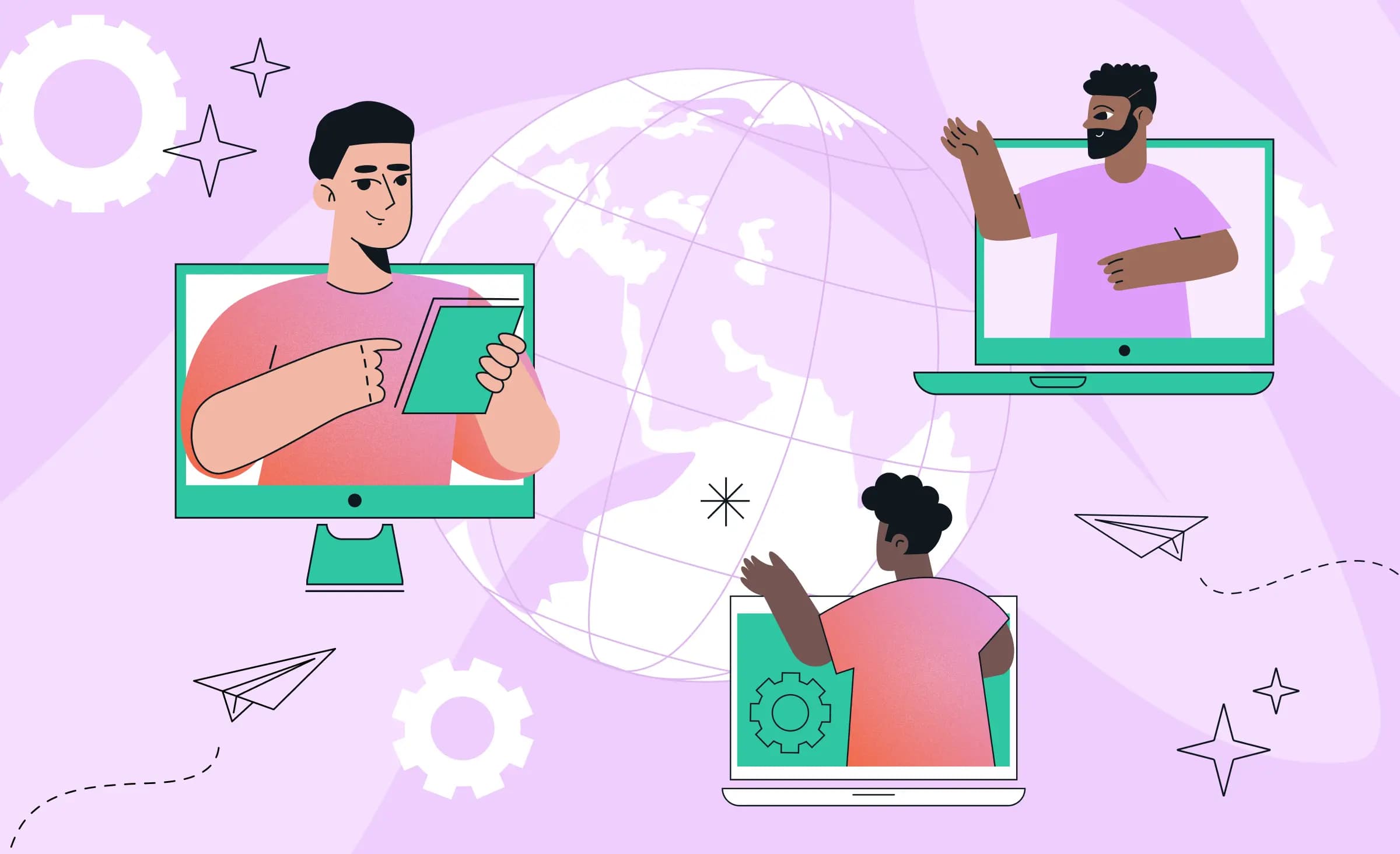 The illustration depicts laptops with people appearing from their screens, set against a globe background. This illustration symbolizes software development outsourcing companies located in different parts of the world.