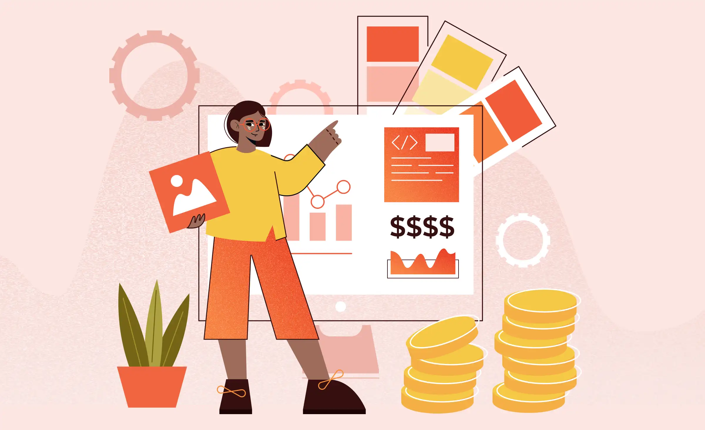 The article cover features an illustration of a girl designing a financial services website with various elements. She has brown skin and is wearing glasses, shorts, and a long-sleeve shirt. In front of the interface she is working on, there are two piles of coins symbolizing the financial sphere.