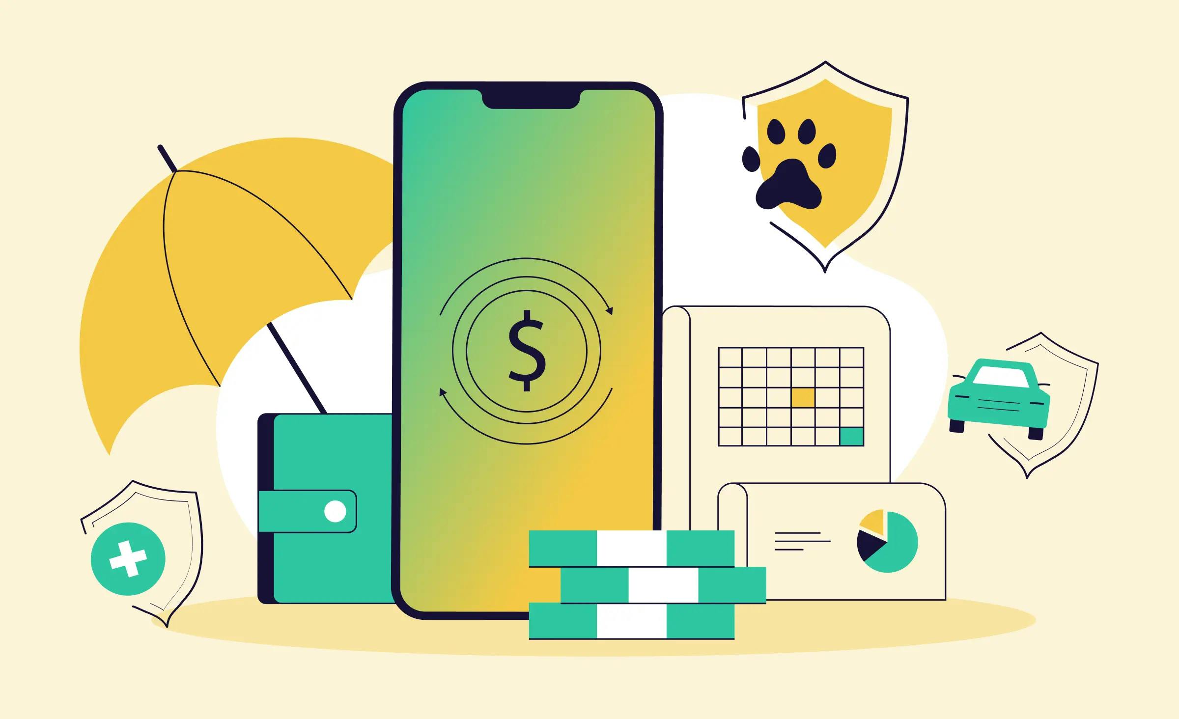 An article cover illustrates that the text is dedicated to insurance mobile app development and discusses different types of policies. We see a wallet, piles of money, statistics, a car, an umbrella, a calendar, and a paw symbolizing different insurances.