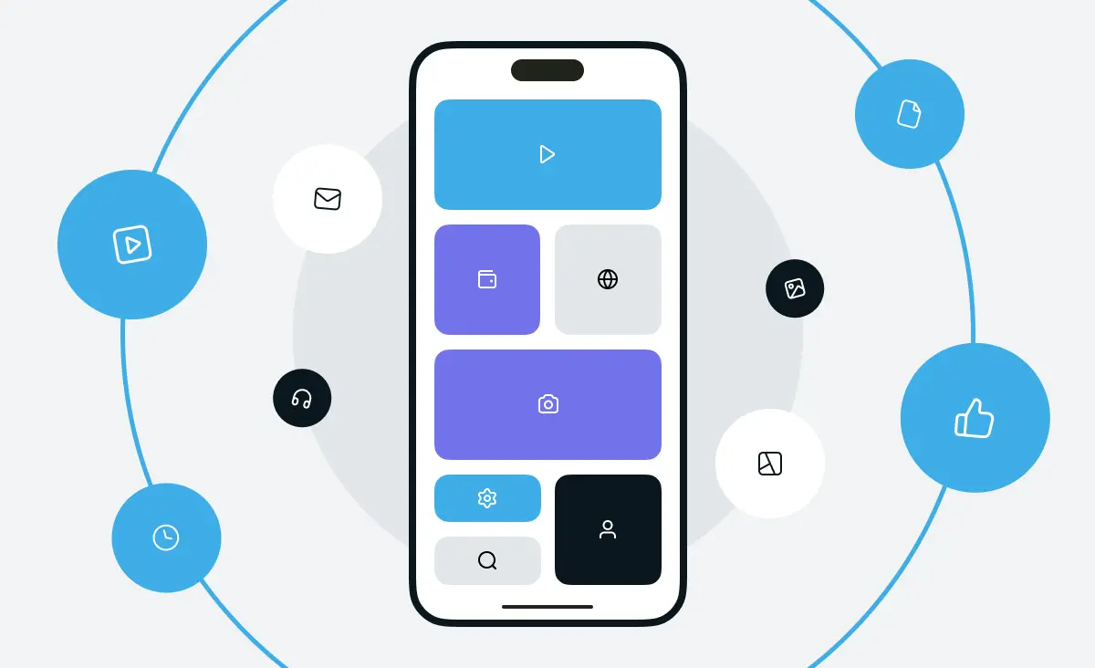 An article cover representing enterprise mobile app development process: the image schematically depicts a mobile app screen with its UI elements.