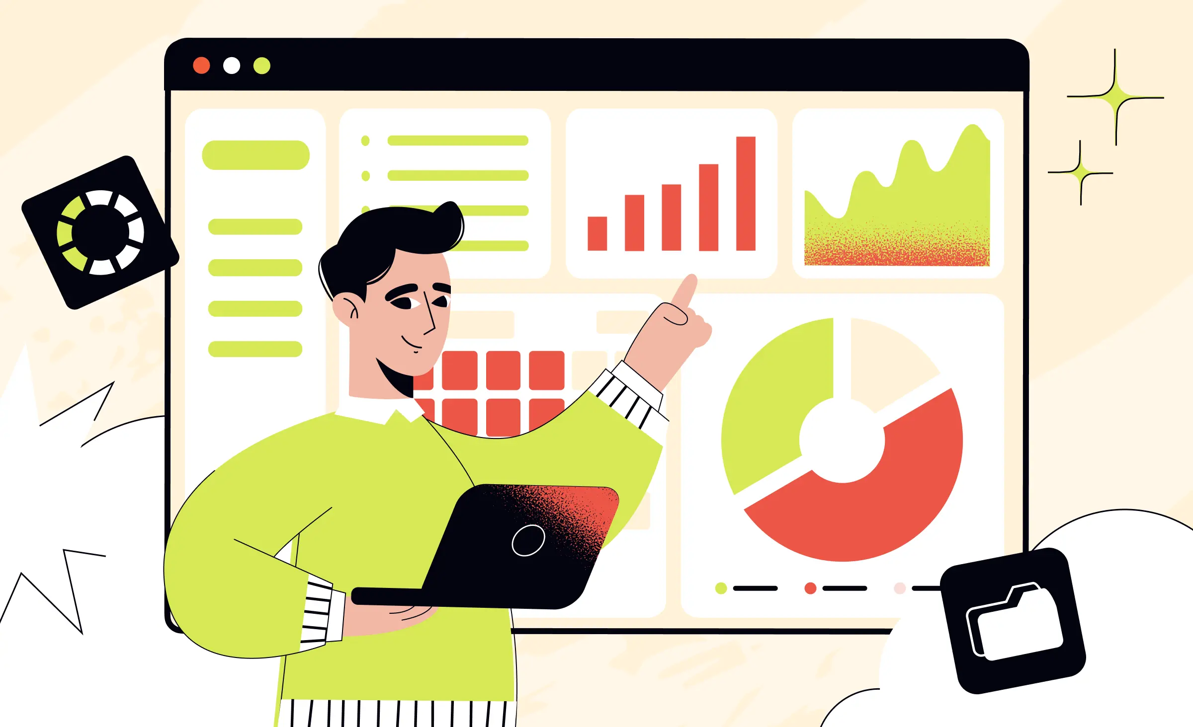 Person presenting interactive data dashboard with charts and graphs, illustrating enterprise UI/UX best practices for designing complex information displays.