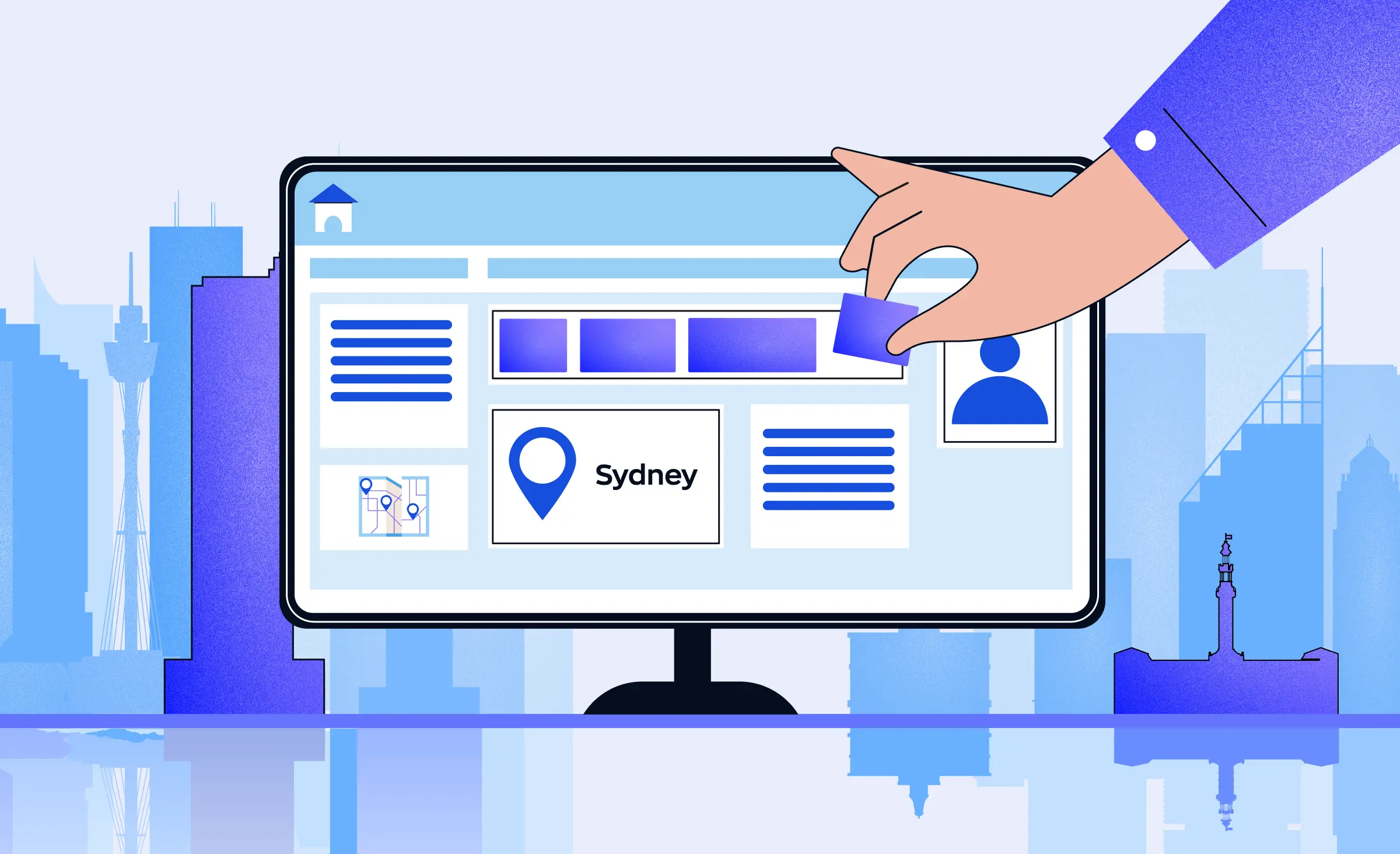 The article cover illustrates the selection of web design services in Sydney. It features a monitor displaying Sydney’s location, along with various blocks representing available services. A hand is shown picking one of the blocks.