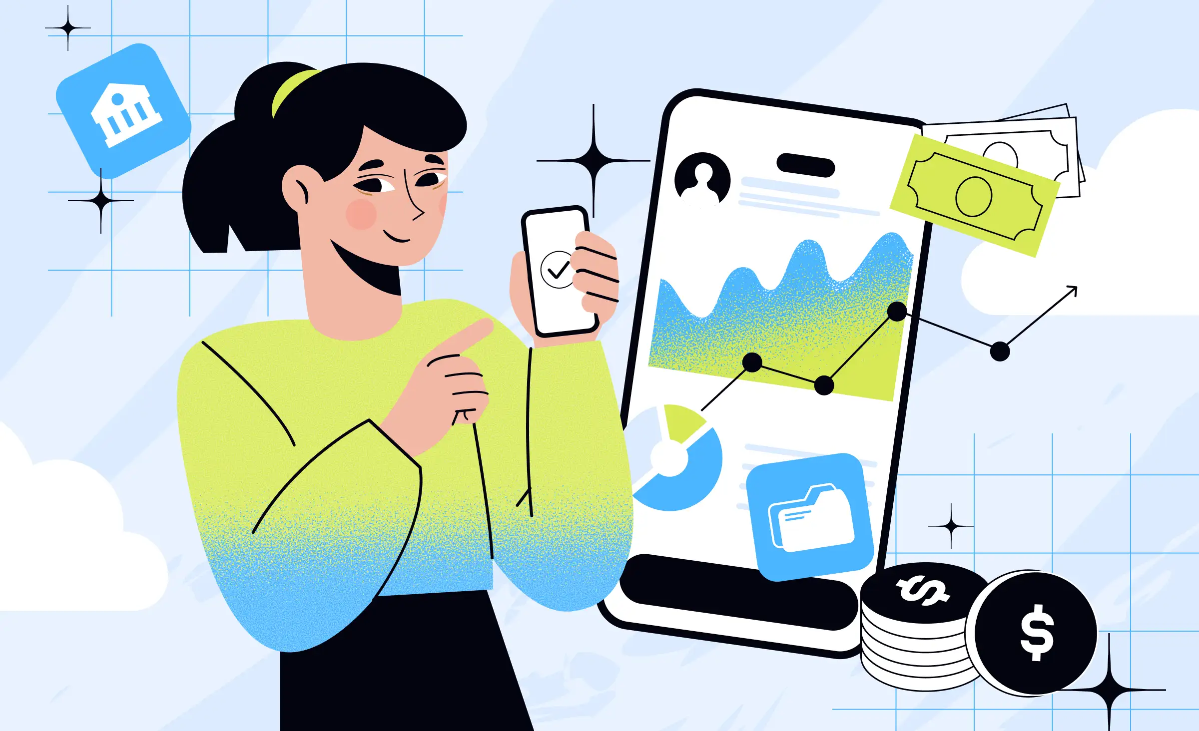 Illustration of a woman using a smartphone with financial graphs, currency notes, and banking icons displayed, symbolizing digital finance solutions powered by open banking APIs Europe.