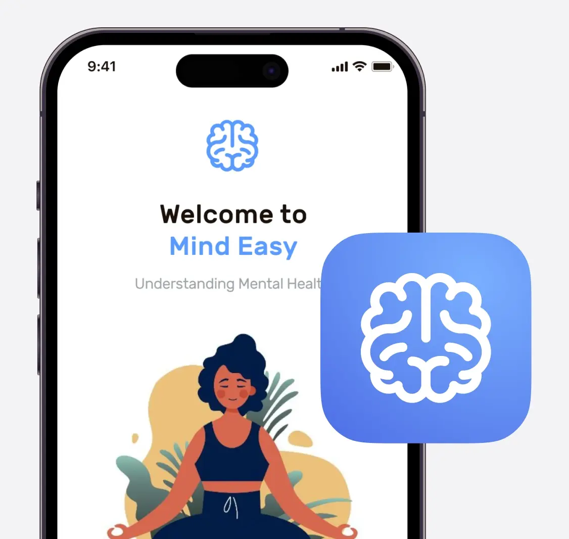 A Mind Easy logo is displayed. The logo depicts a brain, outlined in white against a blue background. When displayed on a white screen, the colors are reversed.