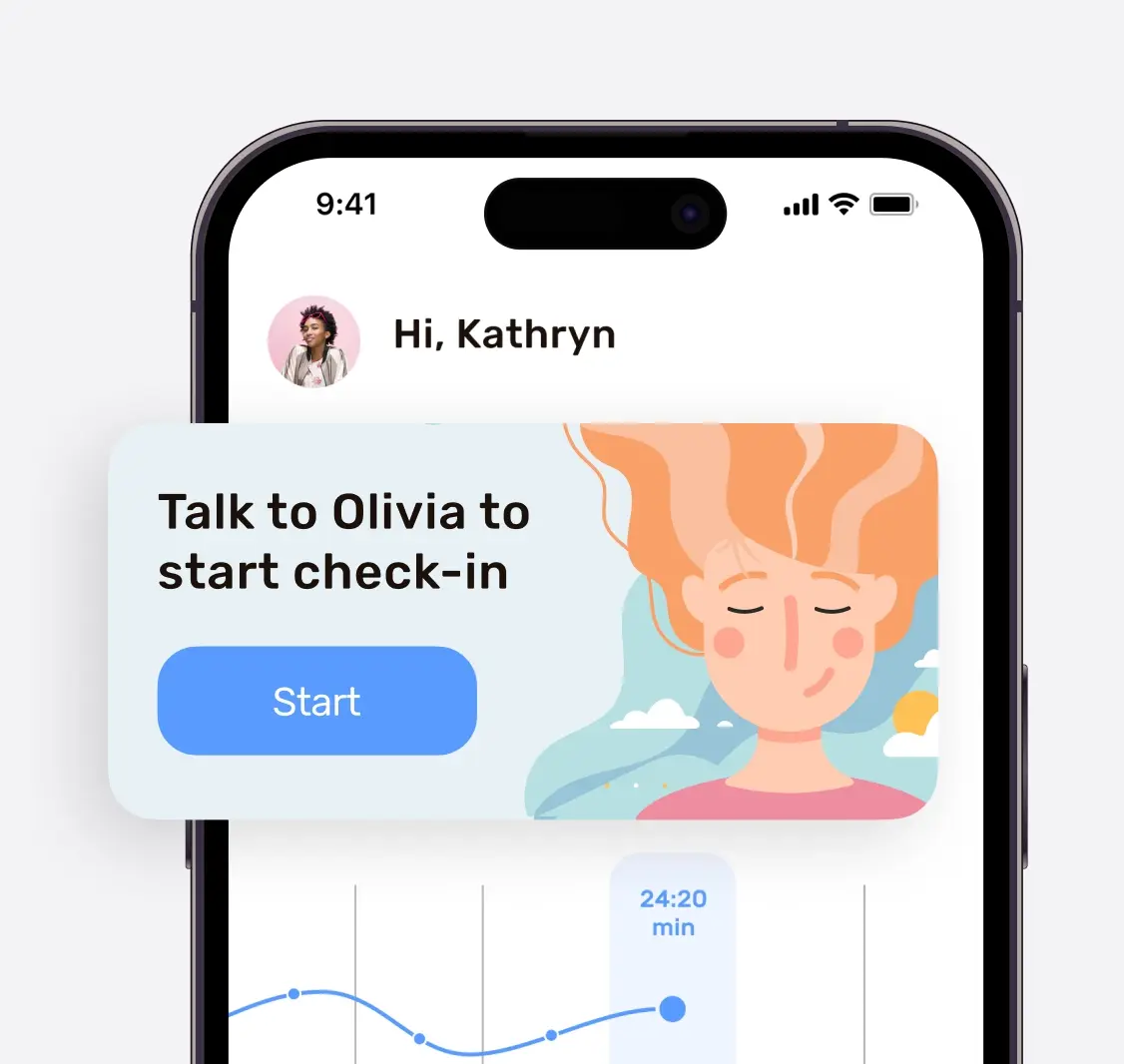 A section of the home page screen features a voice assistant prompt that says 'Talk to Olivia to start check-in' along with a start button.