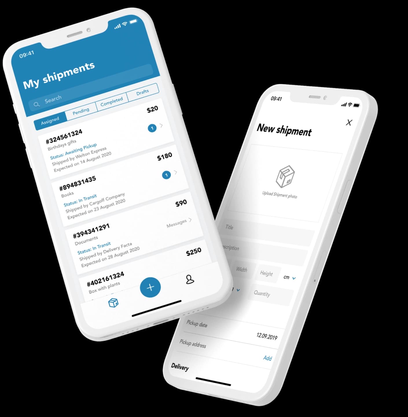 Two screens from the ShipMe application. The first screen displays the "My Shipments" view, while the second screen shows the process of creating a new shipment.