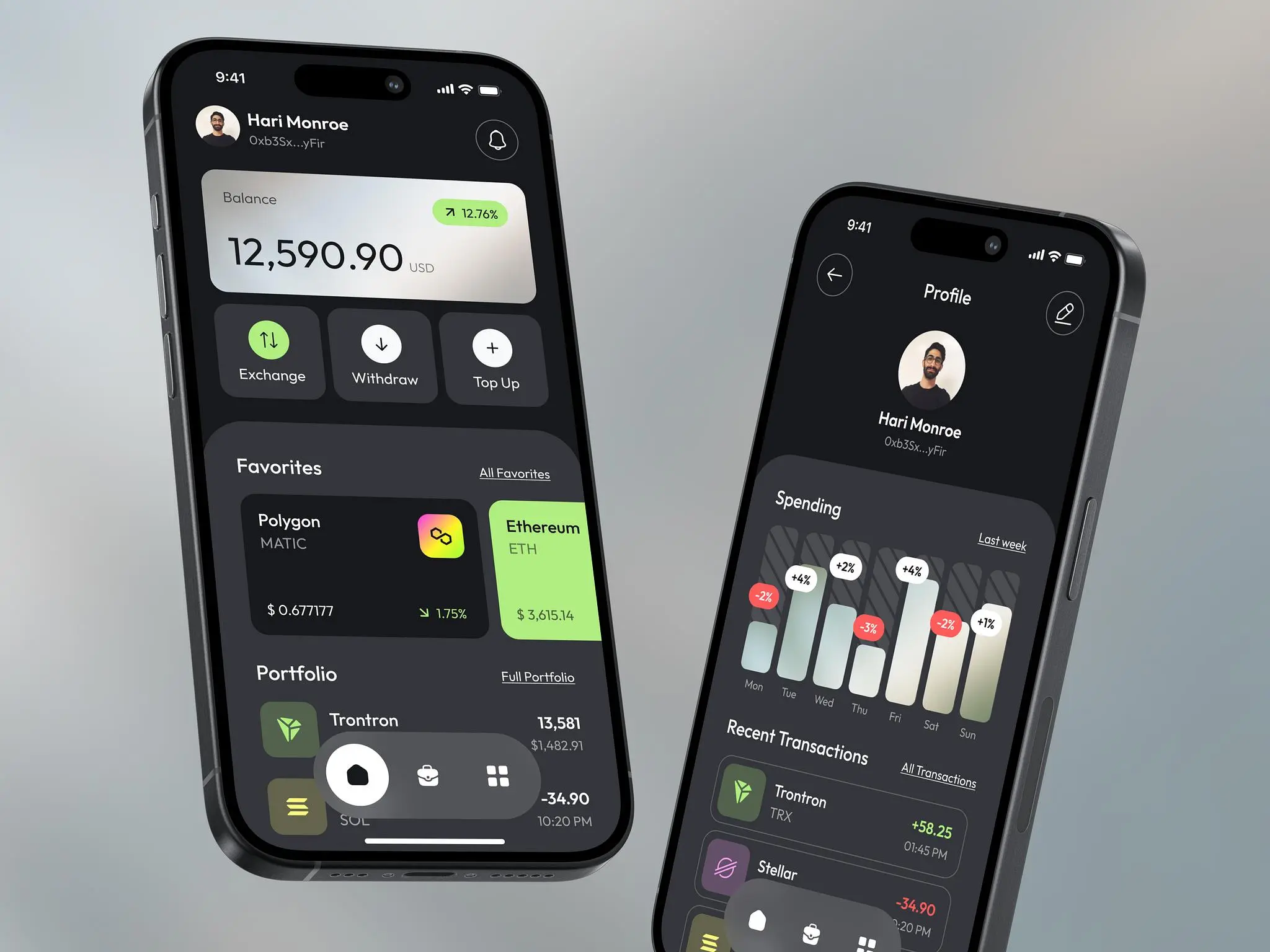 Crypto wallet app design concept with features like account balance, favorite tokens, portfolio, and more