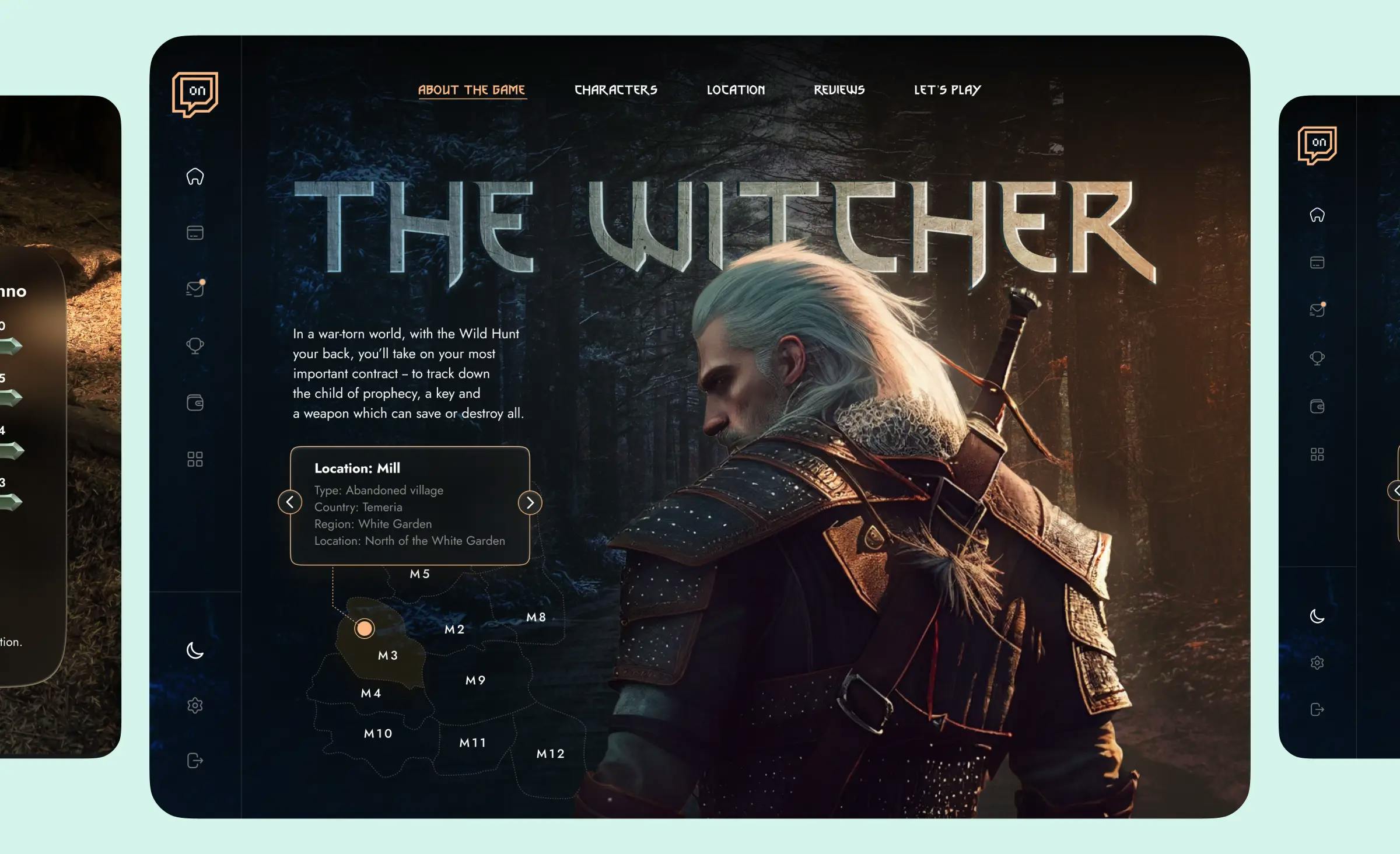 The screenshot shows the menu featuring "About the Game," "Characters," "Location," "Review," "Let’s Play" categories, and the "About the Game" page screen. We see a heading "The Witcher" on the back, and at the front, there is a figure of The Witcher, which takes half a screen. He is turning back in his armor with a sword hanging on his shoulder. On the screen, a user can also read a short description of the game and click on game locations. It’s a Dribbble shot by Ronas IT, which helps to see how to build a game website that will captivate attention.