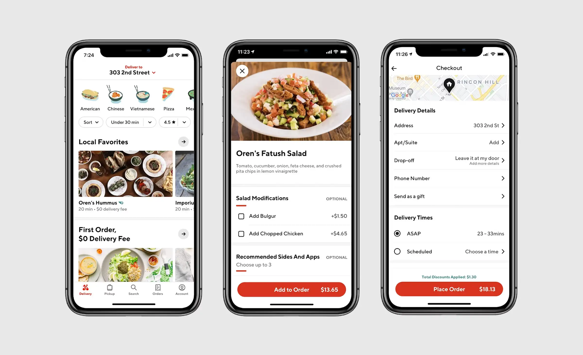 DoorDash food delivery application screens. First screen features the hamo page with the restaurants listing, food categories, and favourites. Second screen displays the details of a salad to be ordered. The third screen shows a map and delivery details.