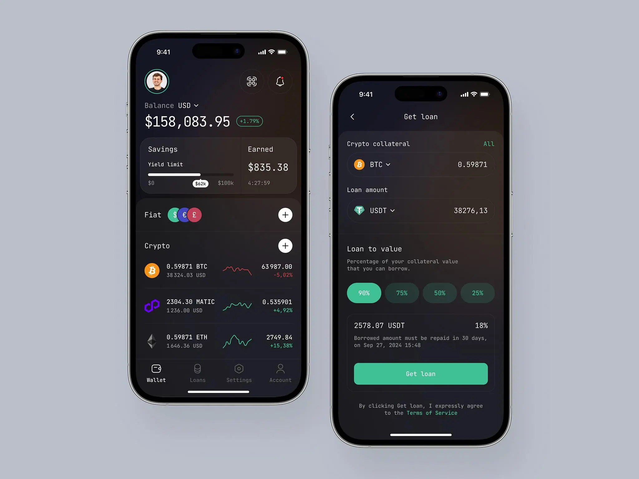 Crypto loan mobile app design concept with two screens - home screen and the&nbsp;screen where users can get a&nbsp;loan