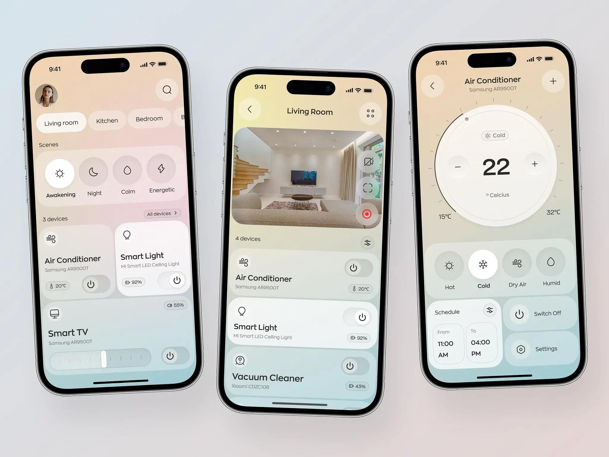 Smart home app design with features like managing connected devices, customizable scenarios, and more