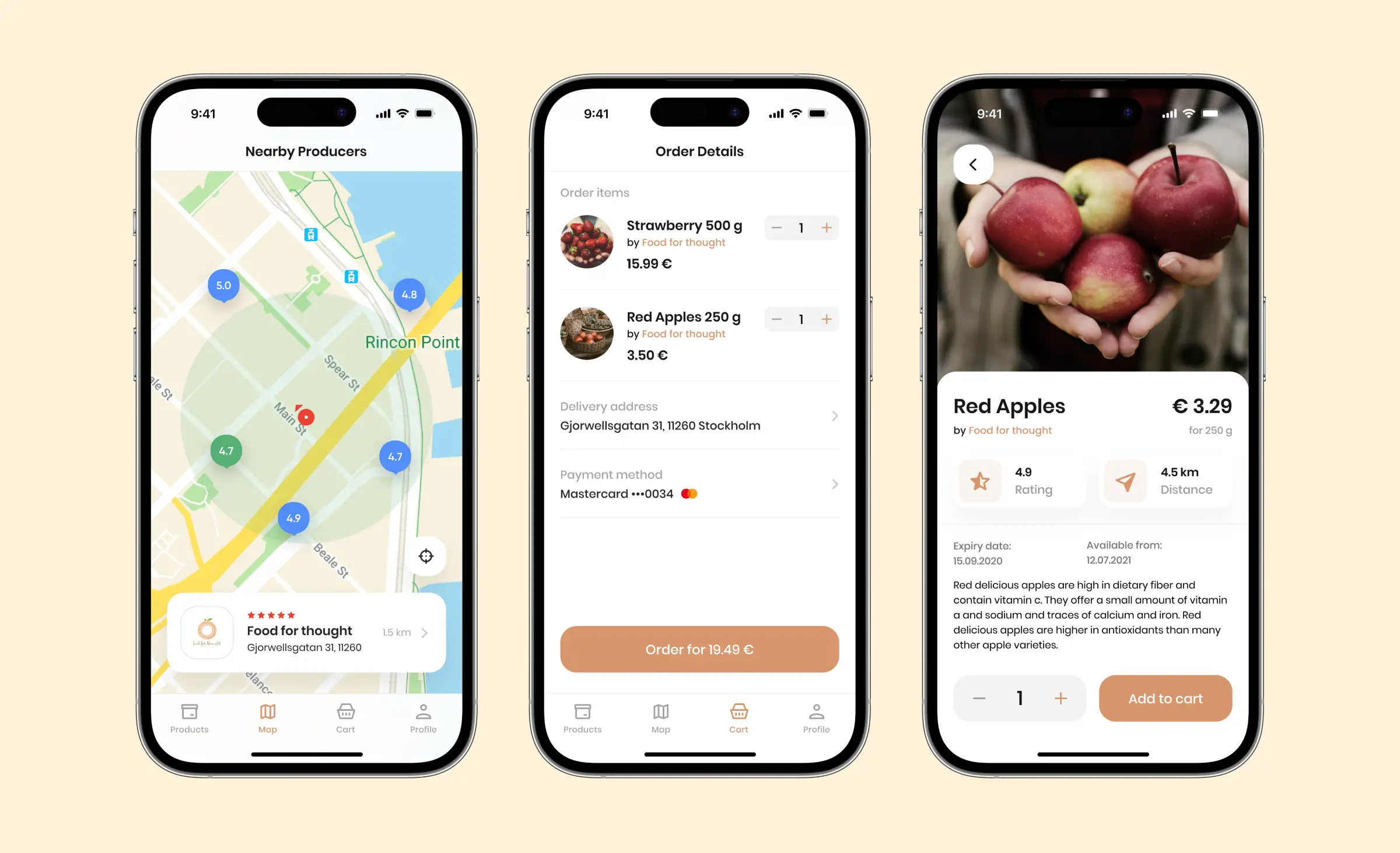 Three mobile phone screens displaying the Noah farmer app, including a map of local producers, an order summary page, and a product page for red apples, illustrating an intuitive user interface for buying fresh produce directly from farmers.