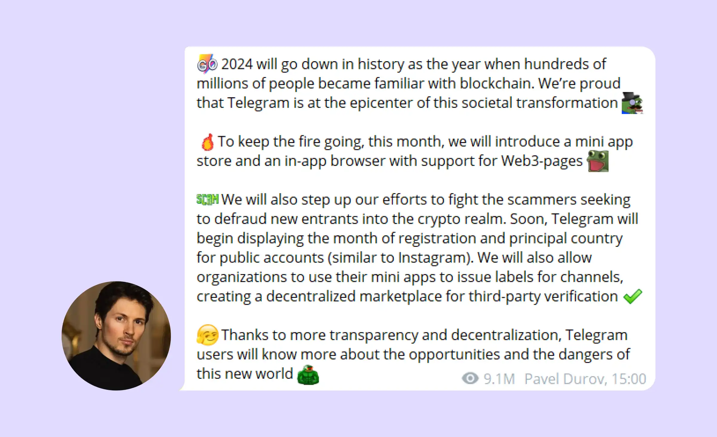 A message from Pavel Durov informing users about the launch of mini apps in Telegram