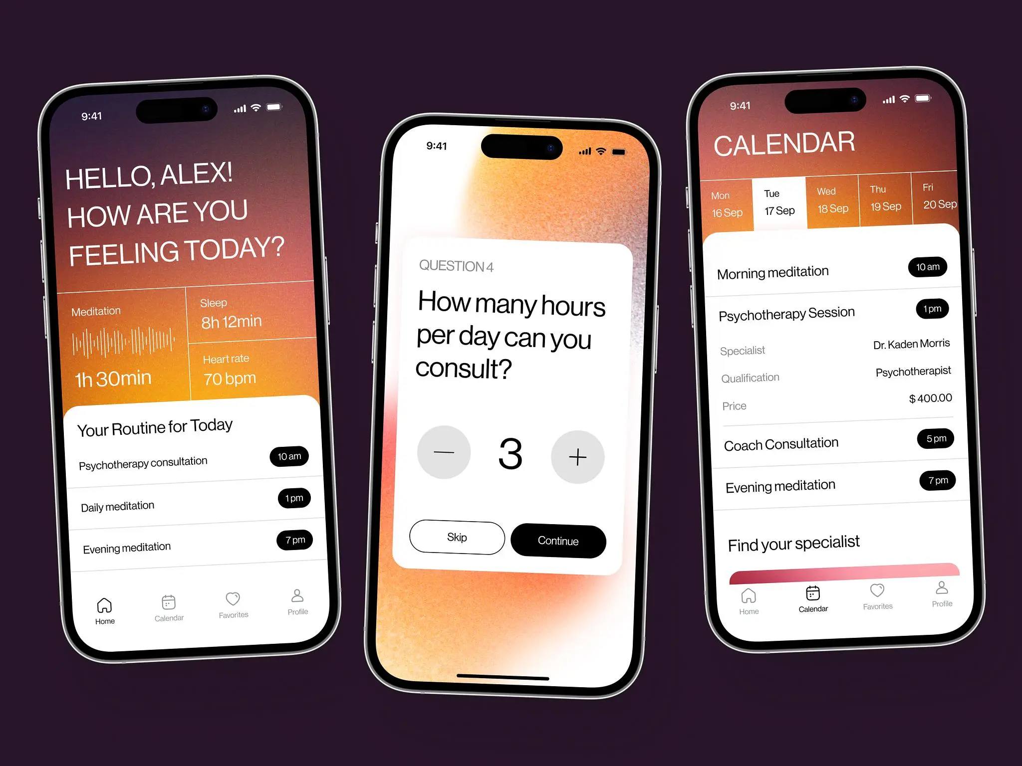 Mental health mobile app design concept with features like video calls, calendar, user metrics, and more