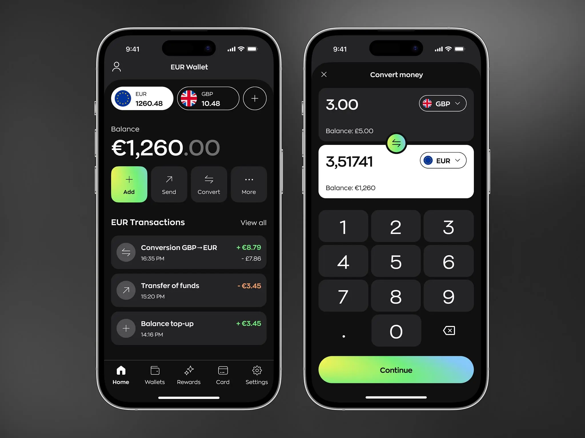 Finance mobile app design concept: Home screen and conversions screen