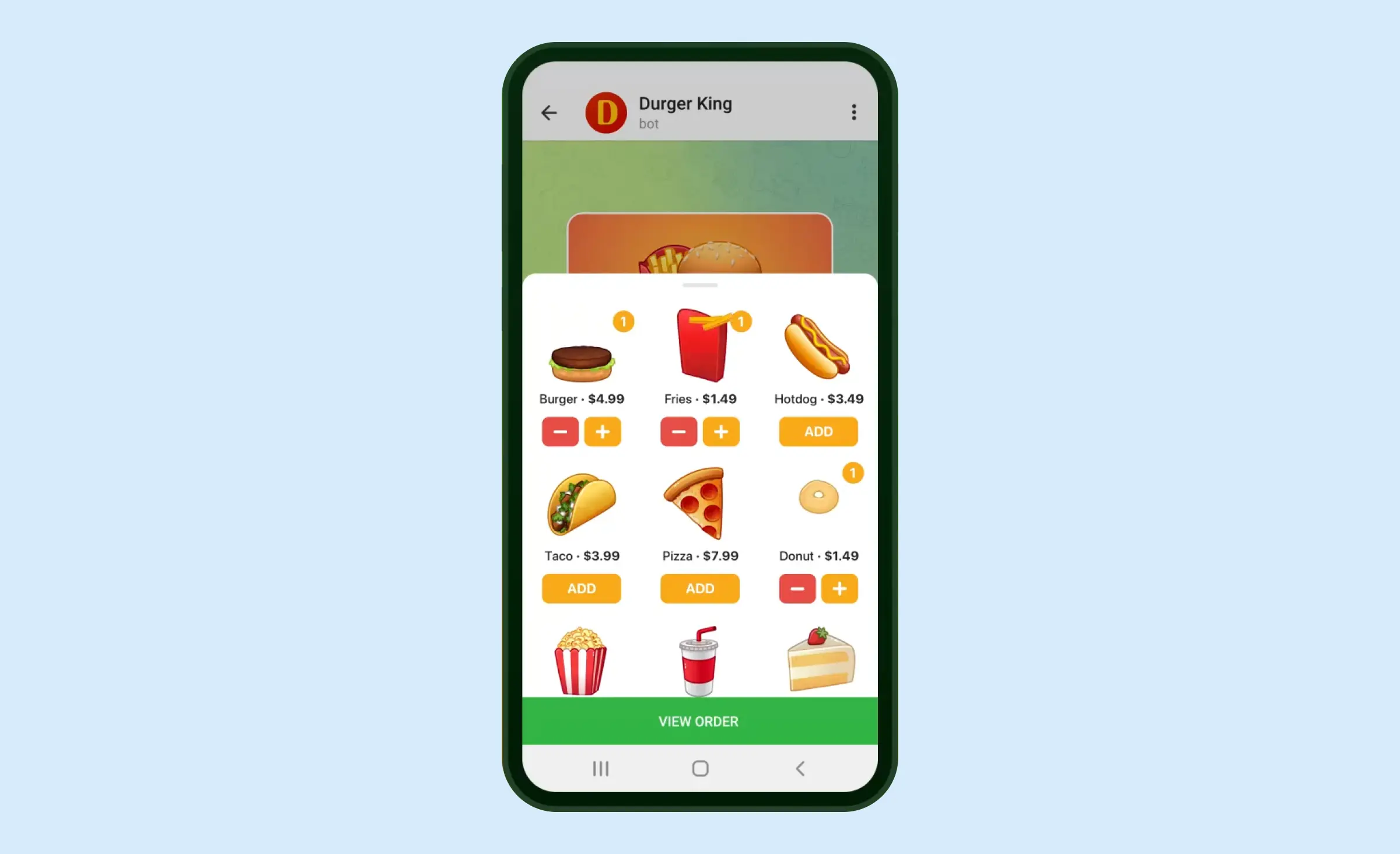 Telegram mini app example developed by the Telegram team to showcase the functionality of mini applications. It displays an interface for an imaginary restaurant menu, allowing users to view menu items, their costs, add meals to the cart, and view orders.