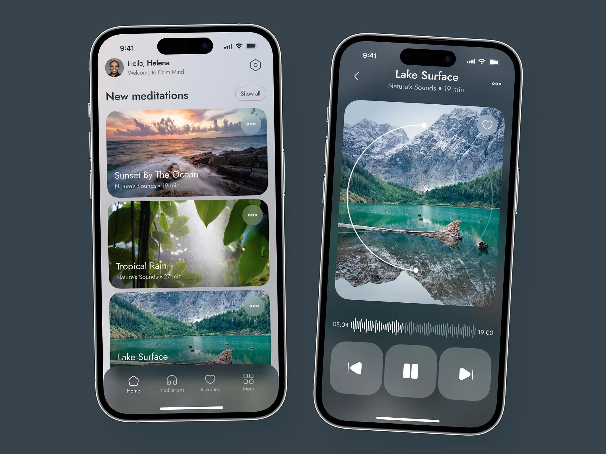 Meditation mobile app design concept with features like audio sessions, personalized library, and more