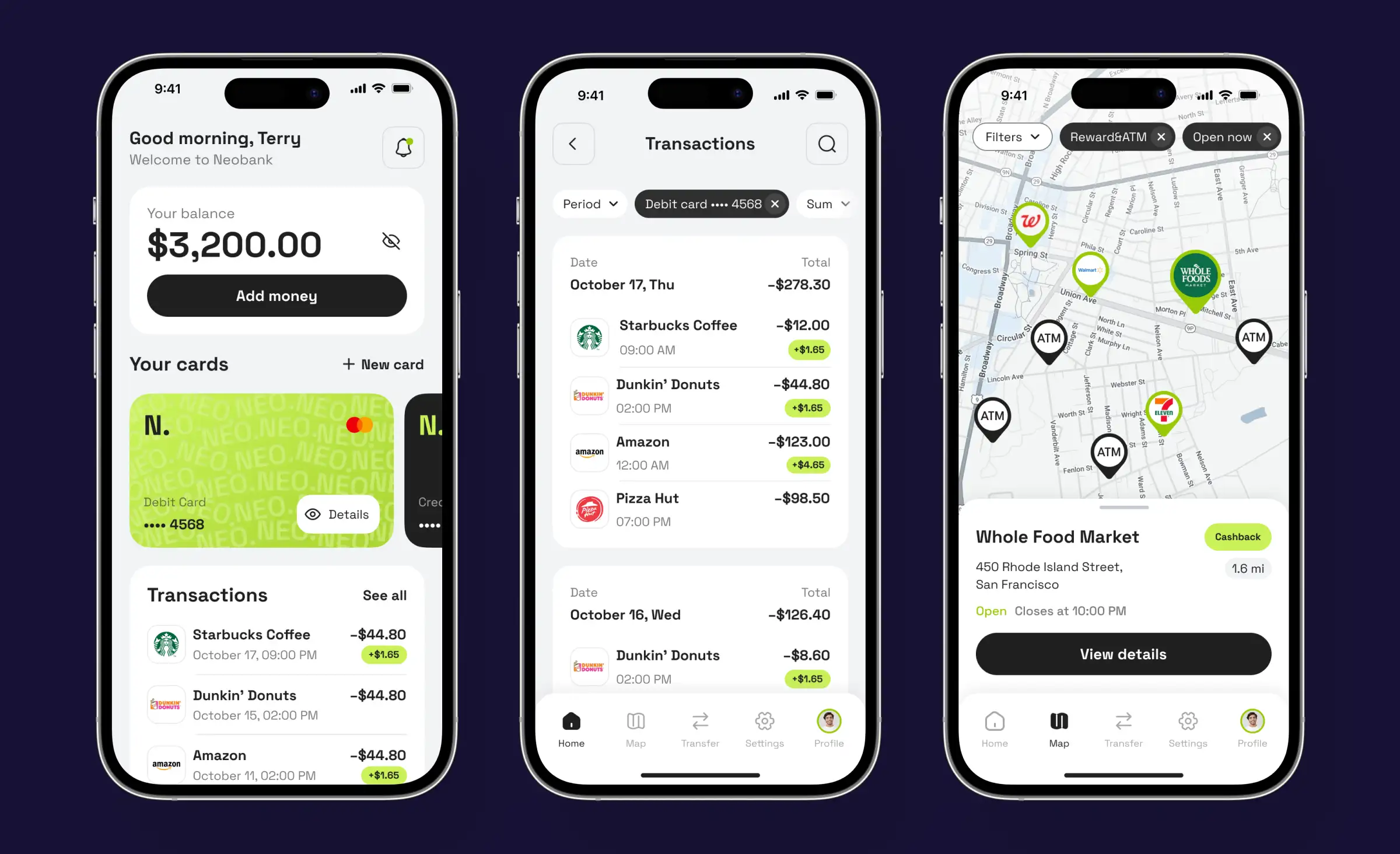 Screens of a neobanking app representing a viable FinTech startup idea