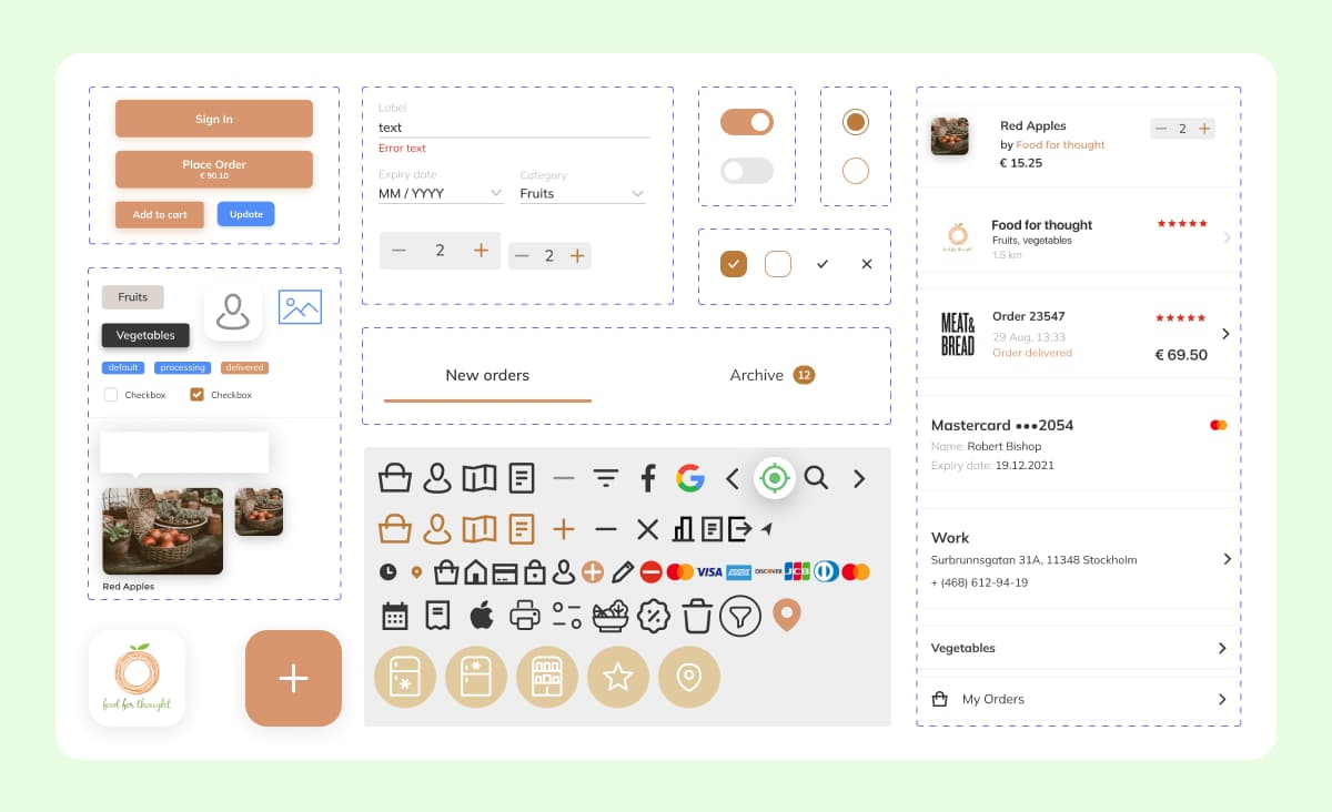 The Noah mobile app design UI kit is displayed, showcasing a variety of interface elements. This includes everything from buttons and icons to different font sizes