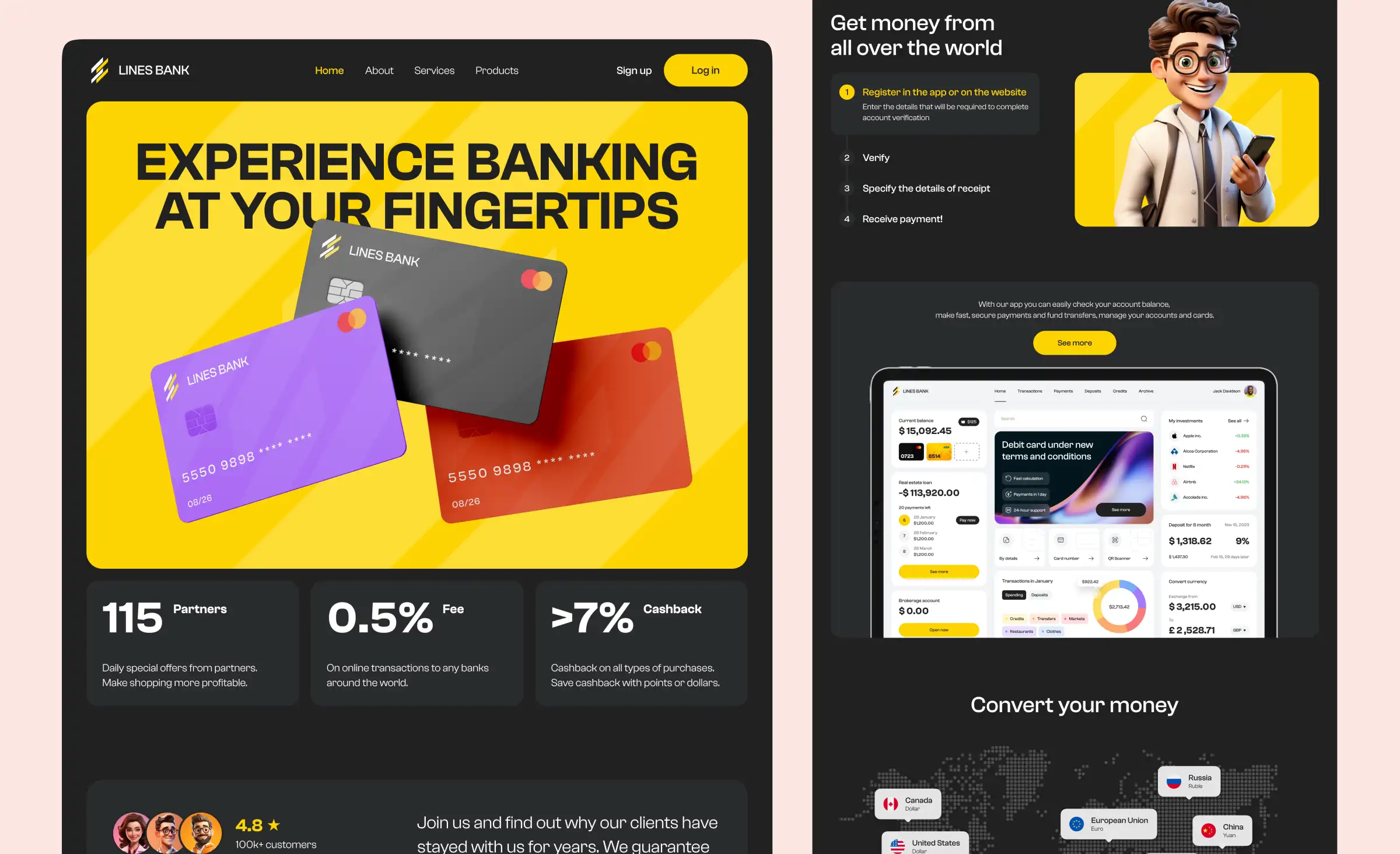 The financial services website design created by Ronas IT features a bank’s official website in a dark theme. The homepage promotes the bank’s credit cards, showcases testimonials, and offers options to download the app, register for an online bank account, or convert money.