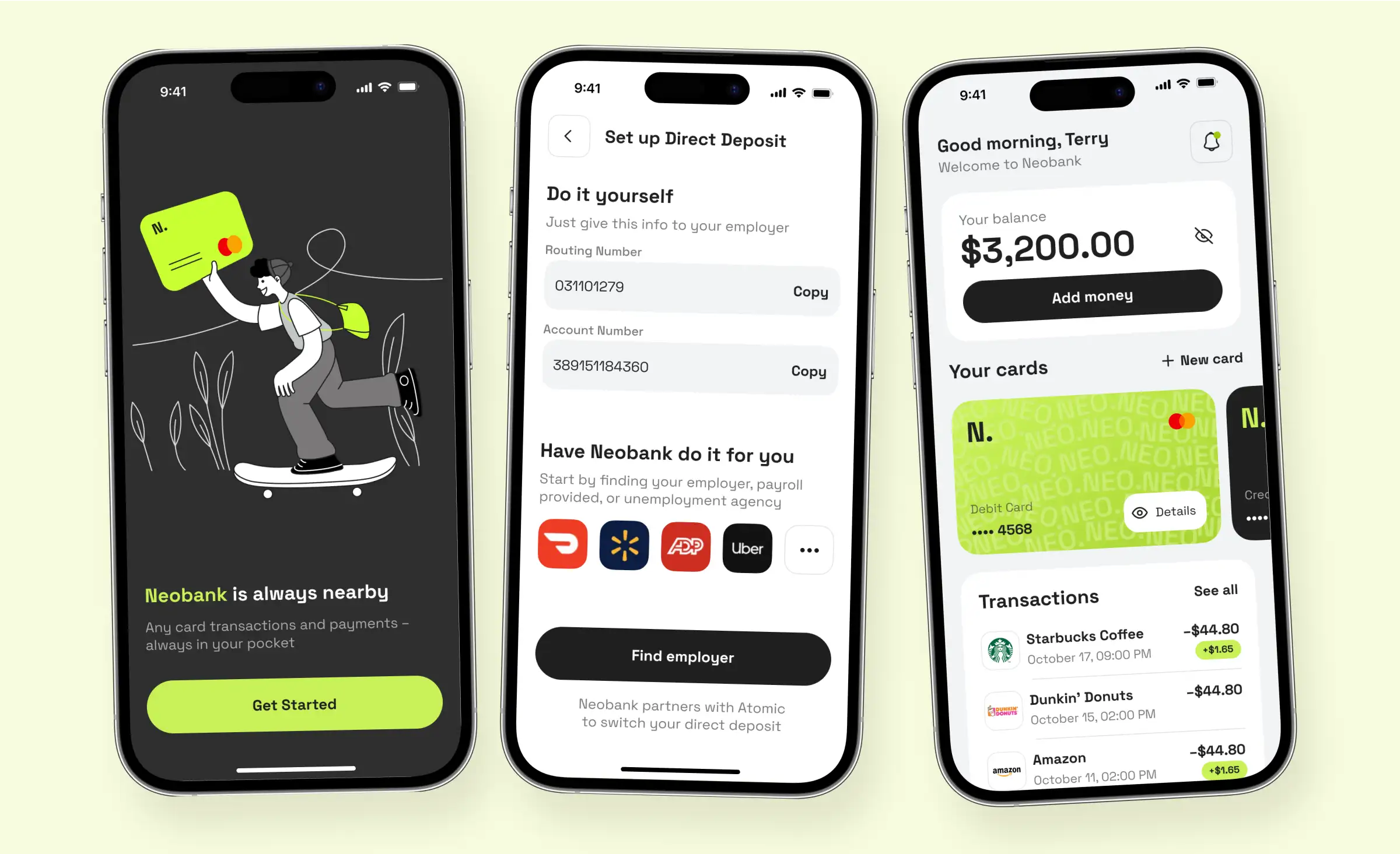 Three mobile screens showing a neobank app, including a welcome screen, a direct deposit setup page, and a dashboard with account balance, cards, and recent transactions, designed by our dedicated software development team.