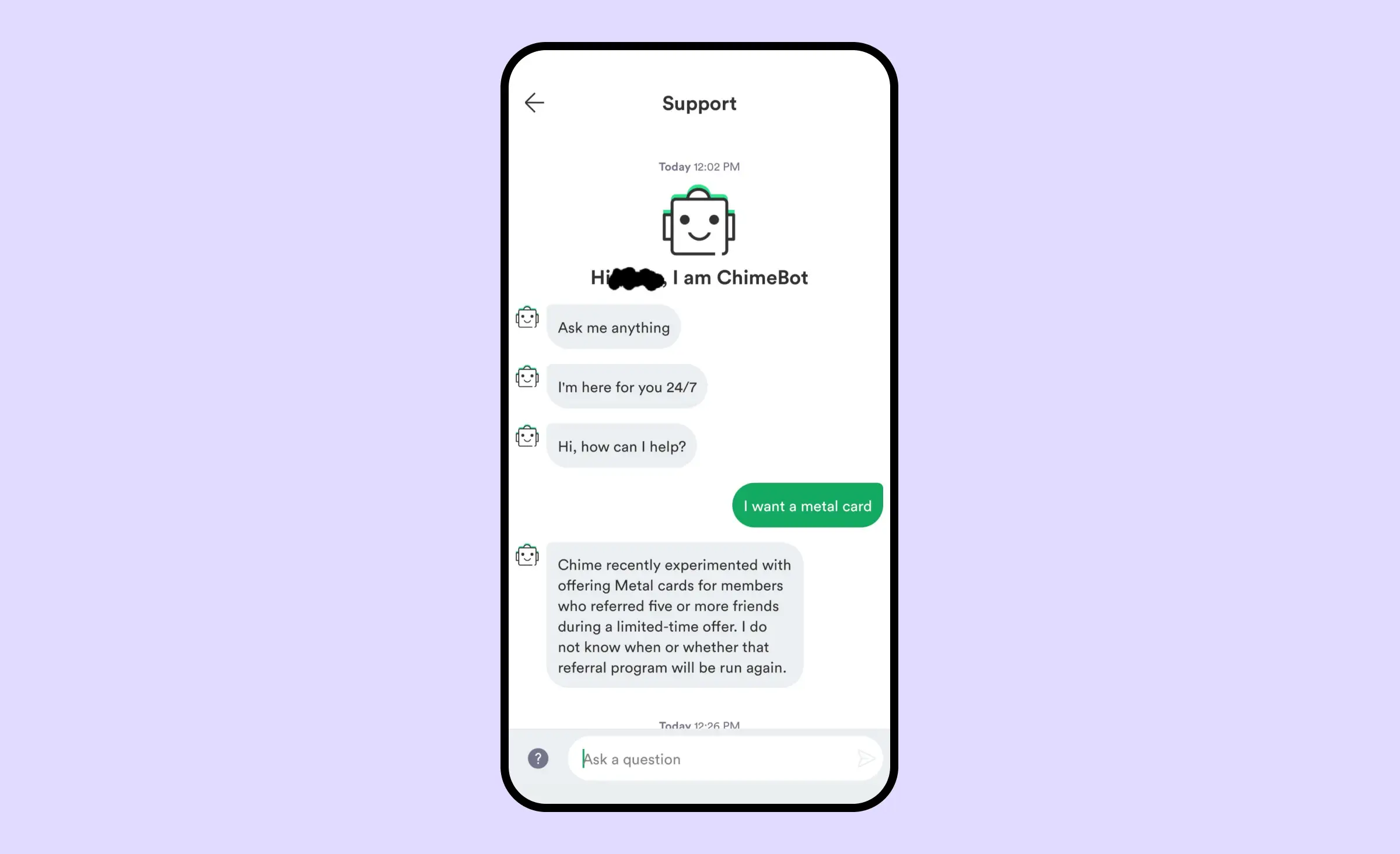 Chatbot for user support in the Chime neobank app