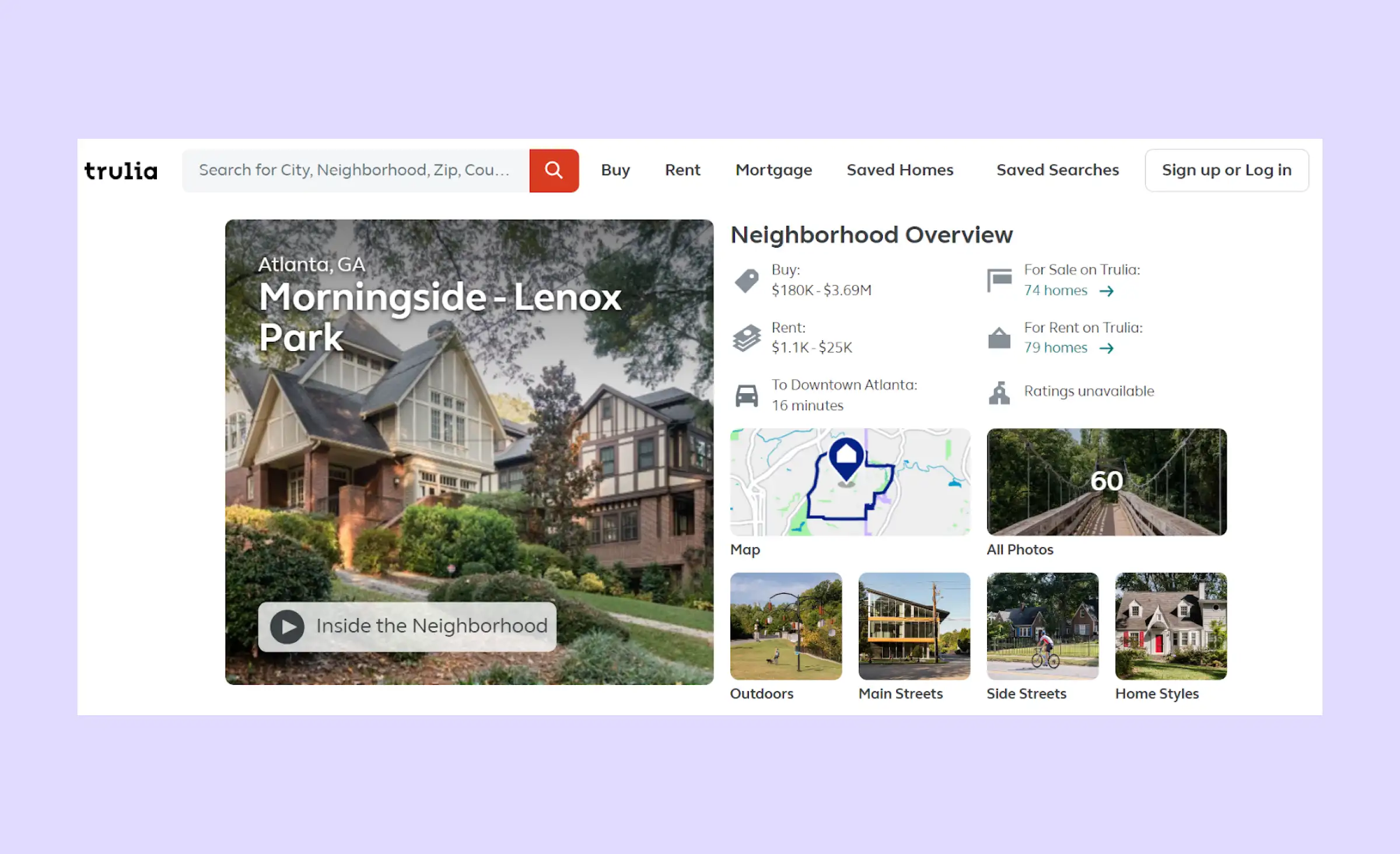 Trulia’s real estate website homepage invites users to explore neighborhood overviews, providing detailed information about outdoor spaces, main streets, side streets, and home styles.