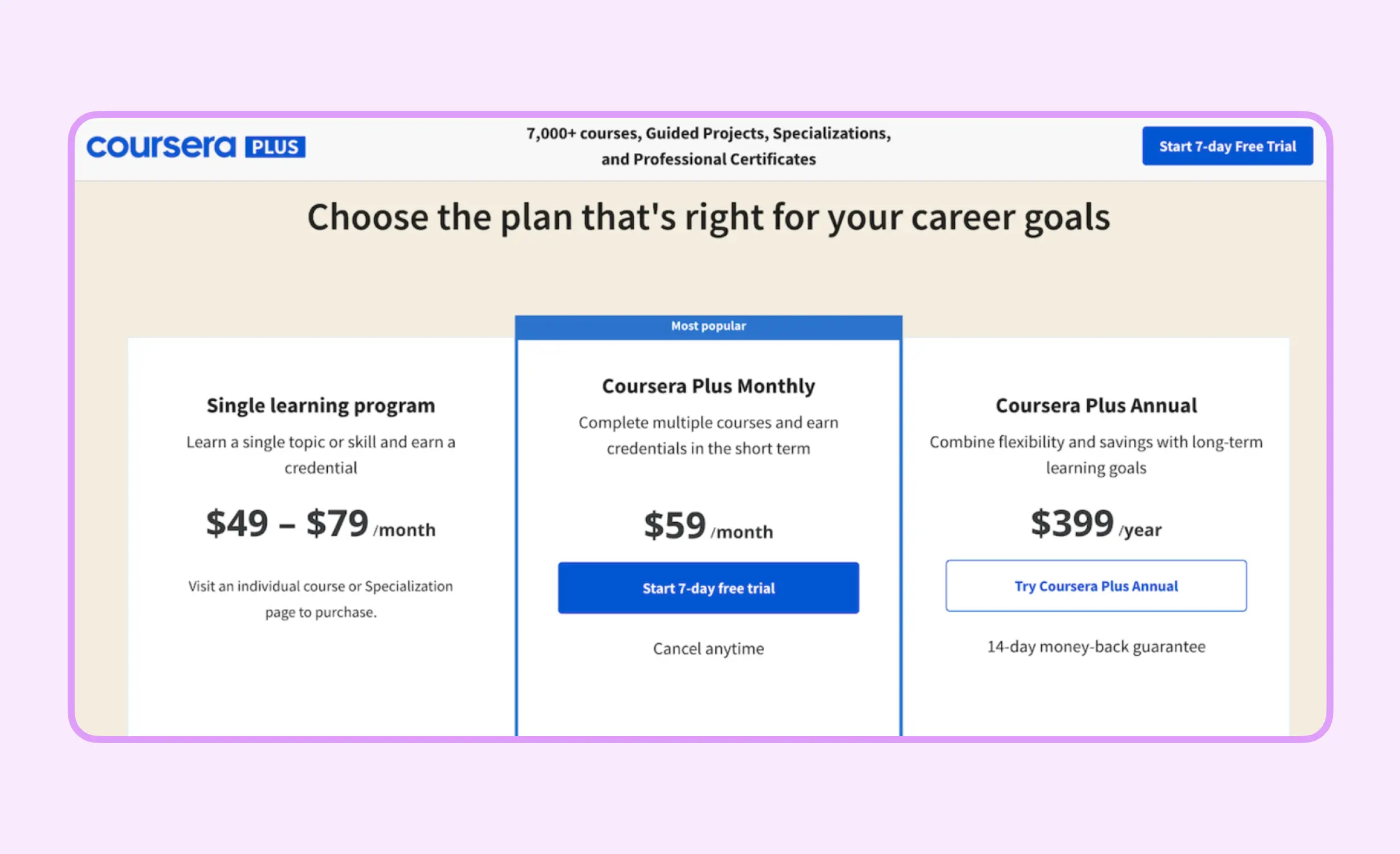 Coursera pricing plans example for educational software development