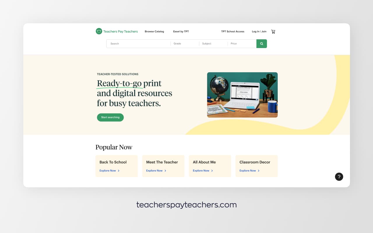 Website header of Teachers Pay Teachers educational technology startup