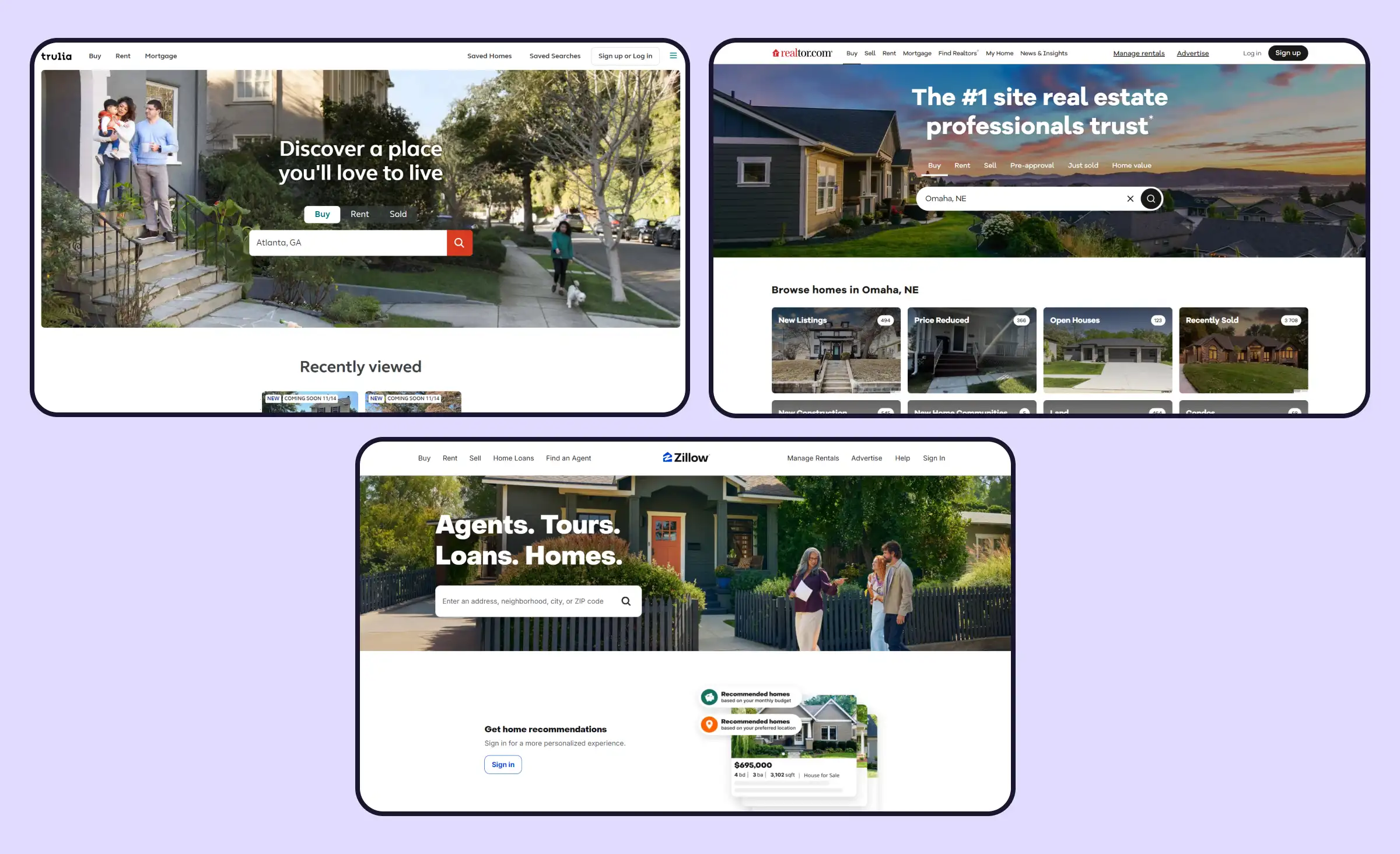 A comparison of Zillow, Realtor.com, and Trulia real estate website designs reveals that, aside from their logos, distinguishing among the three would be challenging due to their similar layouts and features.