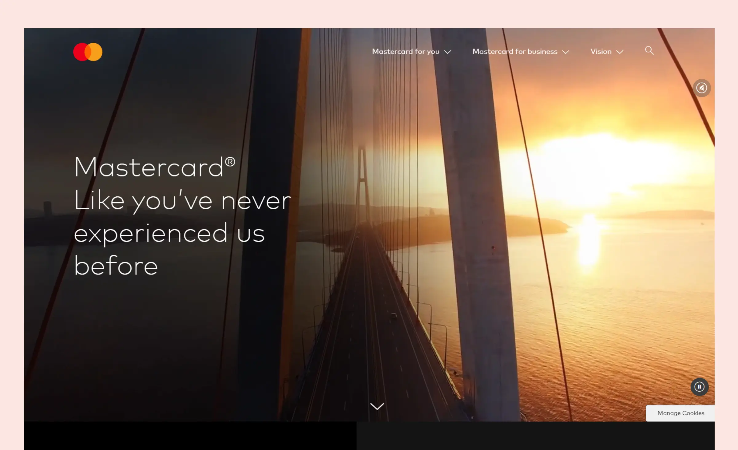 The Mastercard financial services website design features a header with a background photograph of a sunset and a bridge. It also includes the slogan, "Mastercard. Like you’ve never experienced us before."