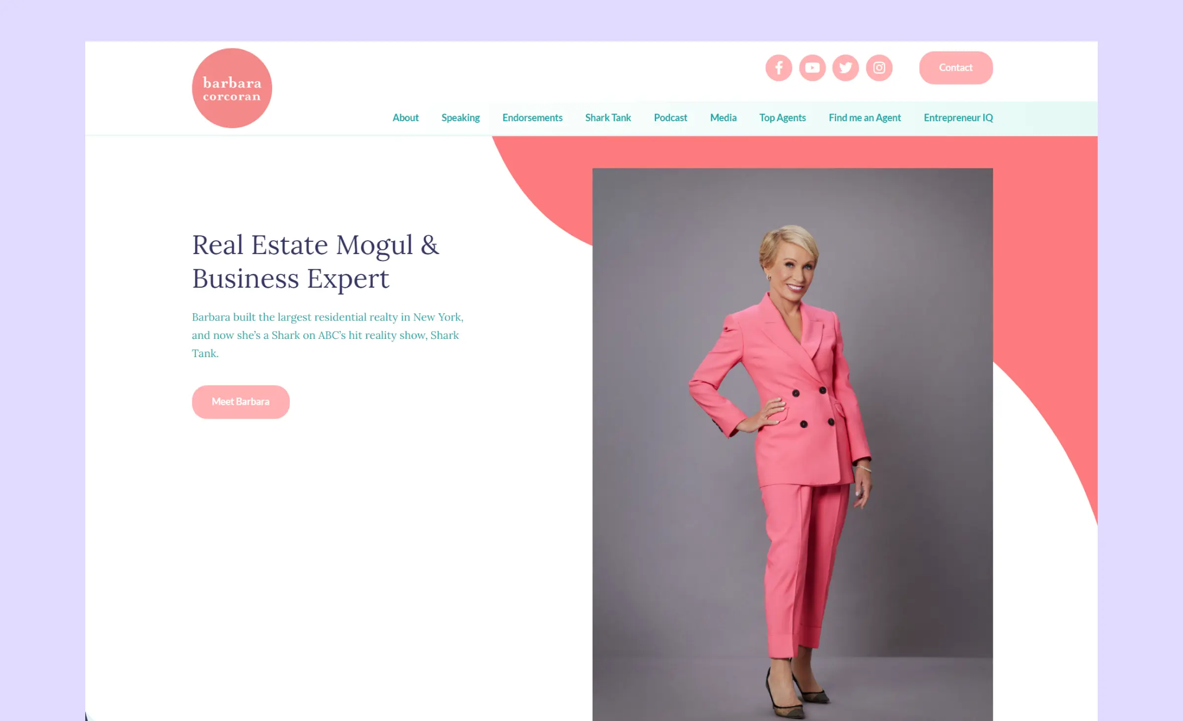 Barbara Corcoran’s real estate website design prominently features a full-height image of her, along with a brief description highlighting her areas of expertise, and includes a "Meet Barbara" button.