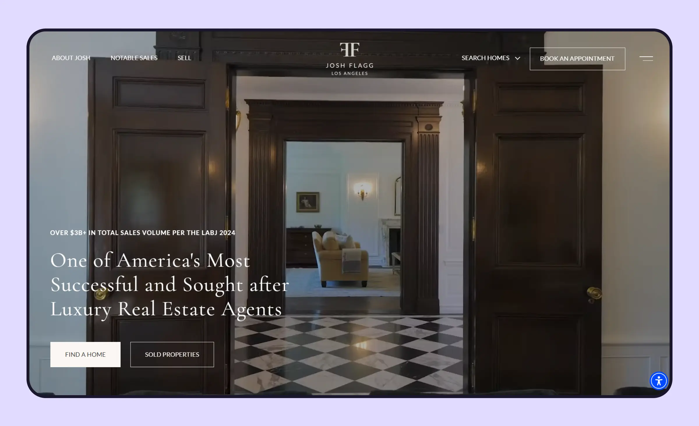 Josh Flagg’s real estate website design showcases a photo of a luxury apartment interior, instantly conveying the type of properties he specializes in.